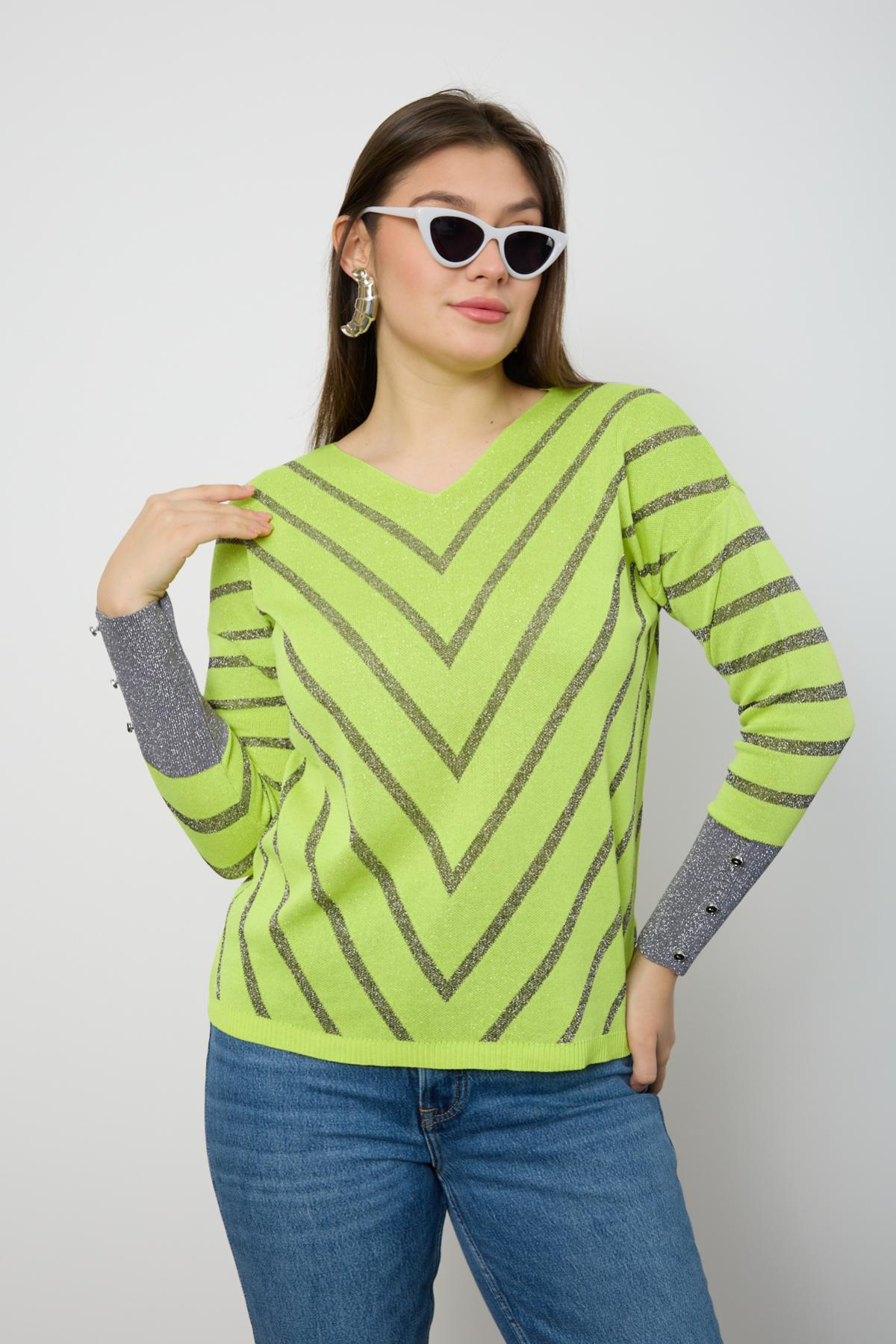 Wholesale Women Yellow Glitter V Neck Knit Blouse with Buttons on Sleeves 724824