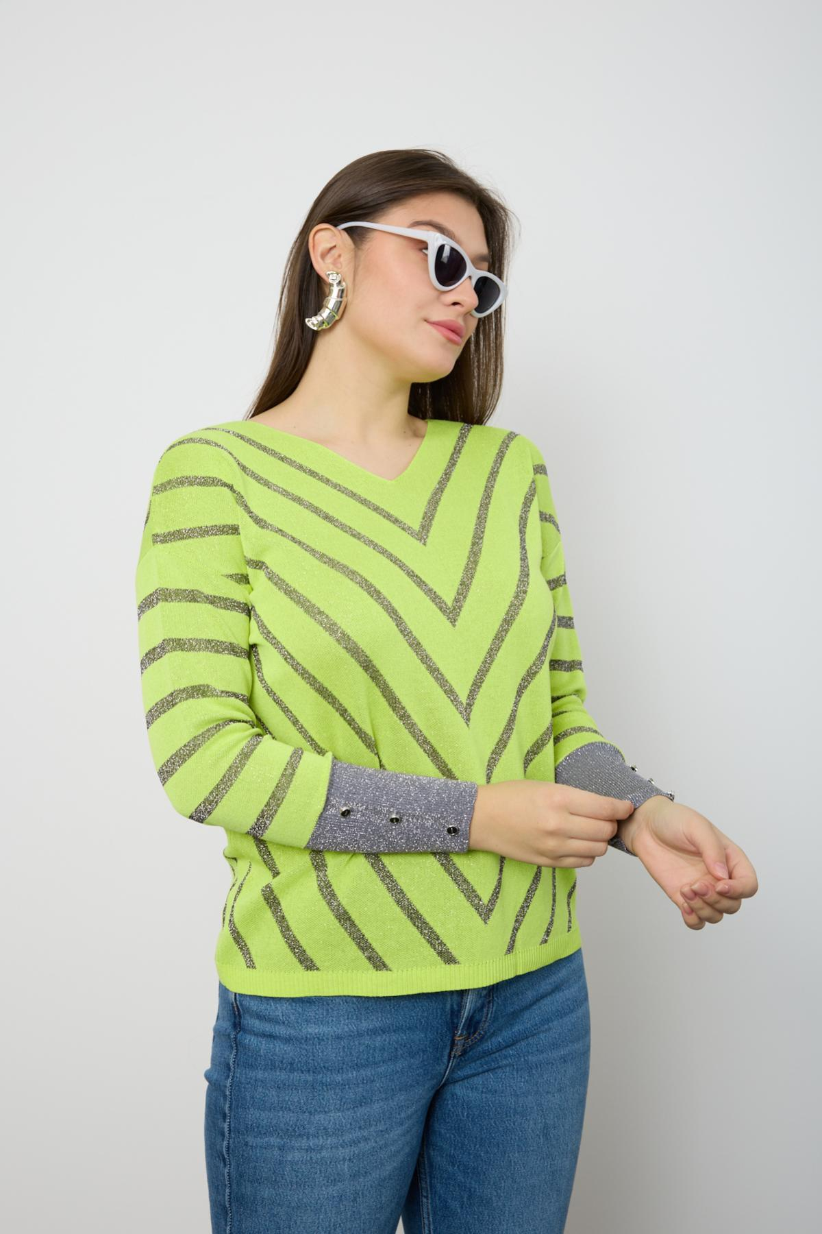 Wholesale Women Yellow Glitter V Neck Knit Blouse with Buttons on Sleeves 724824