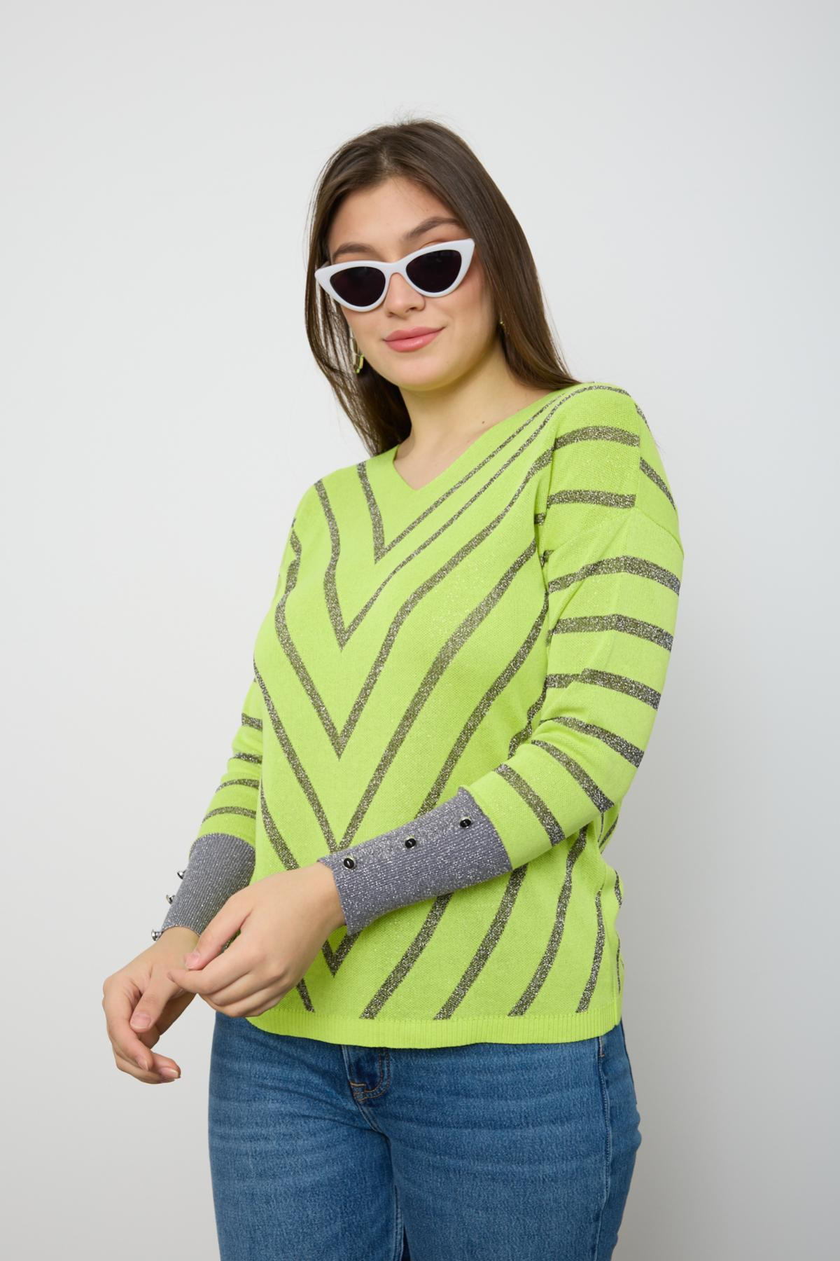 Wholesale Women Yellow Glitter V Neck Knit Blouse with Buttons on Sleeves 724824