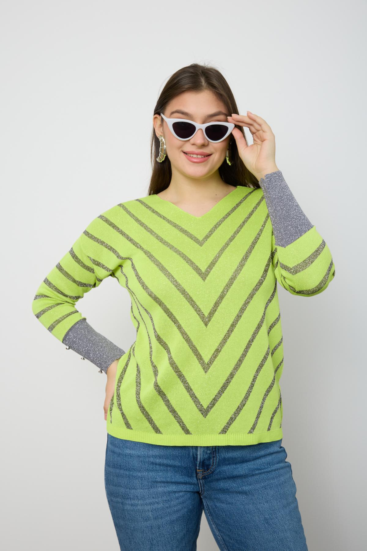 Wholesale Women Yellow Glitter V Neck Knit Blouse with Buttons on Sleeves 724824