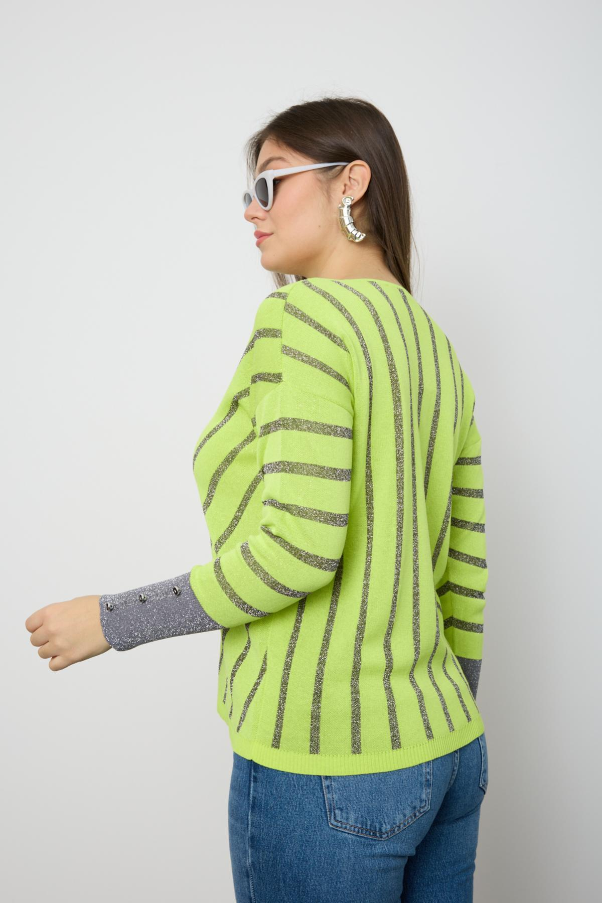 Wholesale Women Yellow Glitter V Neck Knit Blouse with Buttons on Sleeves 724824