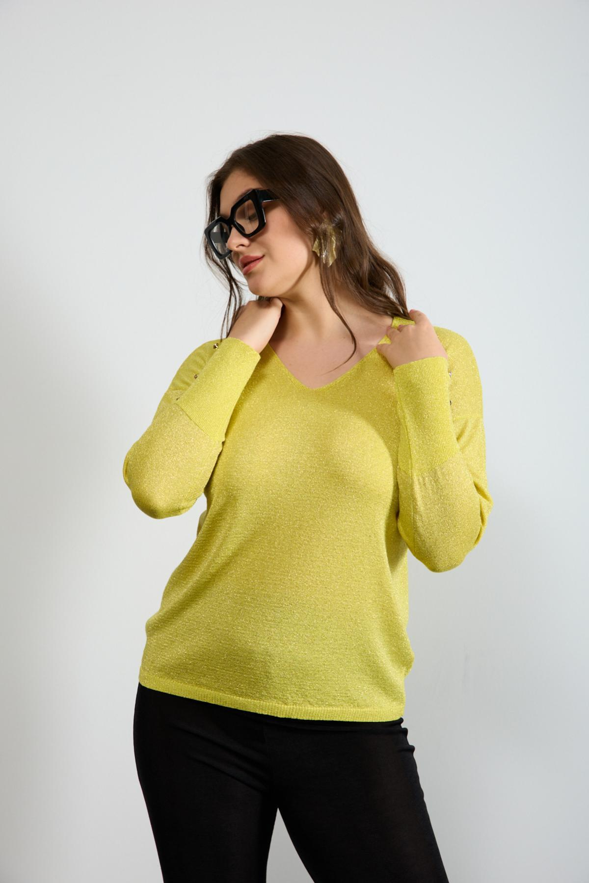 Wholesale Women Yellow Glittery V Neck Knit Blouse with Wide Cuffs 724841
