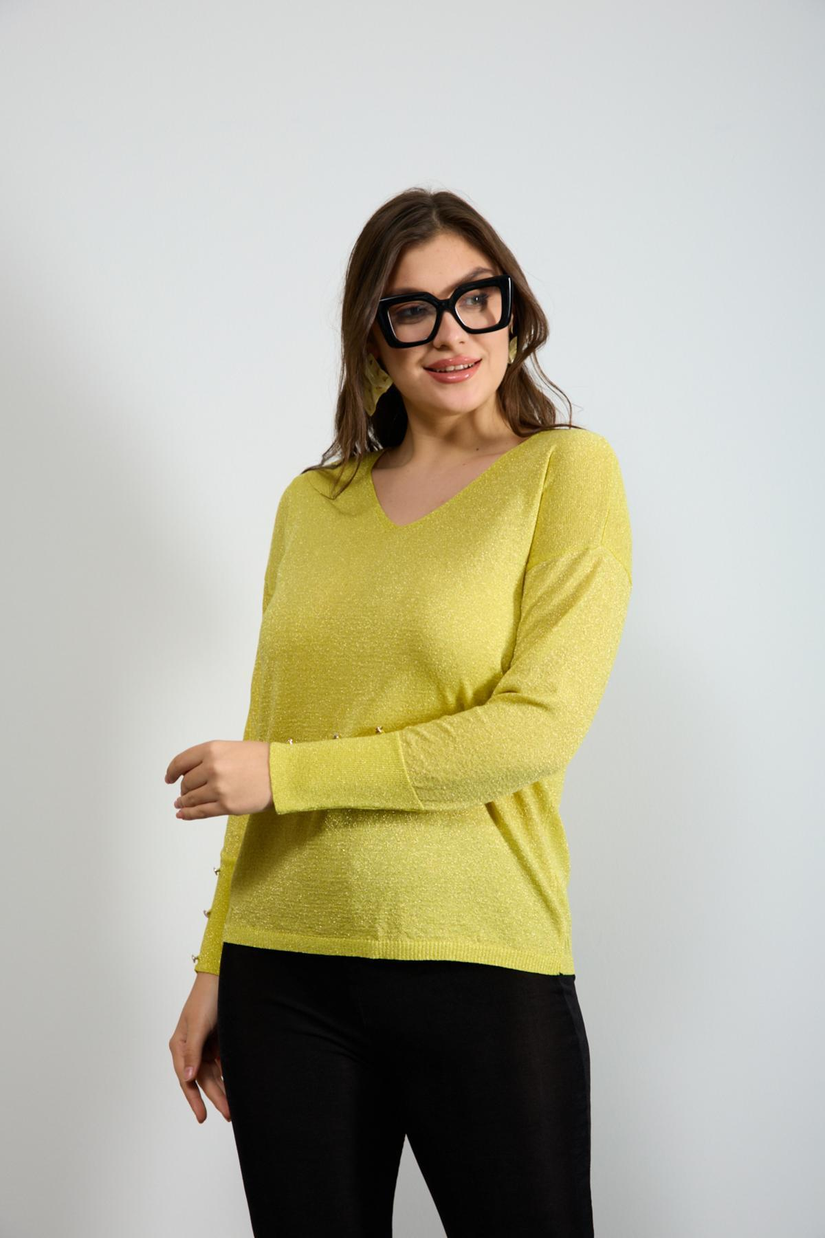 Wholesale Women Yellow Glittery V Neck Knit Blouse with Wide Cuffs 724841