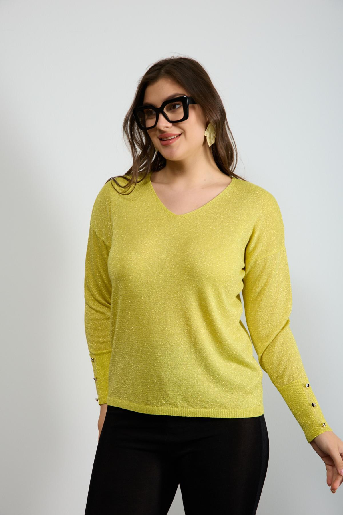 Wholesale Women Yellow Glittery V Neck Knit Blouse with Wide Cuffs 724841