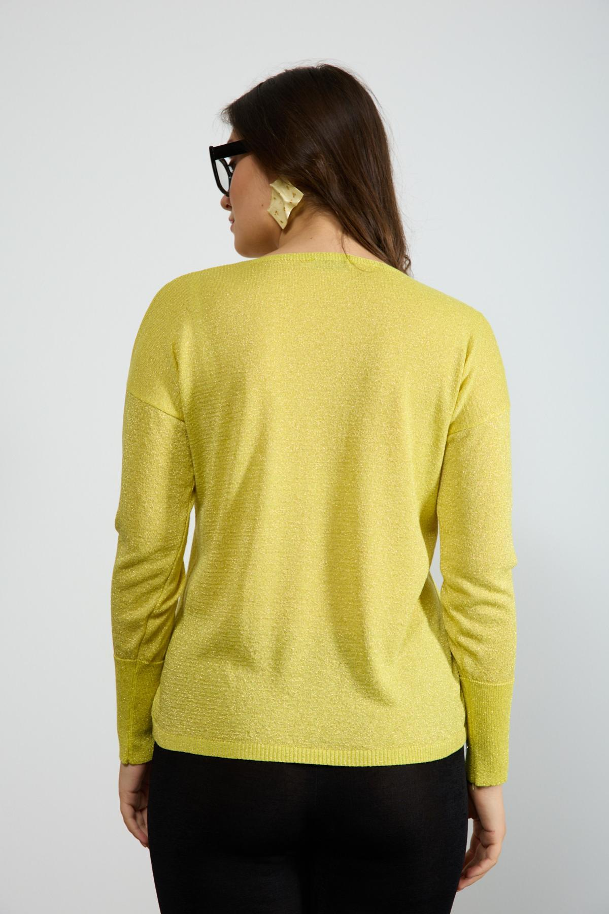 Wholesale Women Yellow Glittery V Neck Knit Blouse with Wide Cuffs 724841
