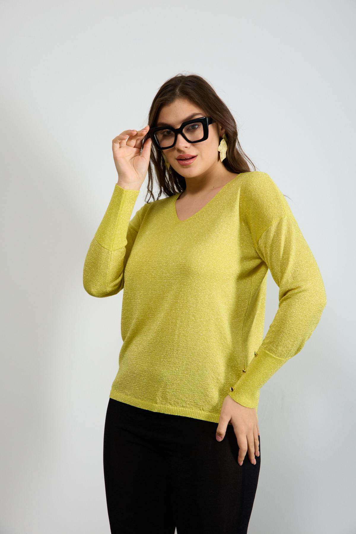 Wholesale Women Yellow Glittery V Neck Knit Blouse with Wide Cuffs 724841