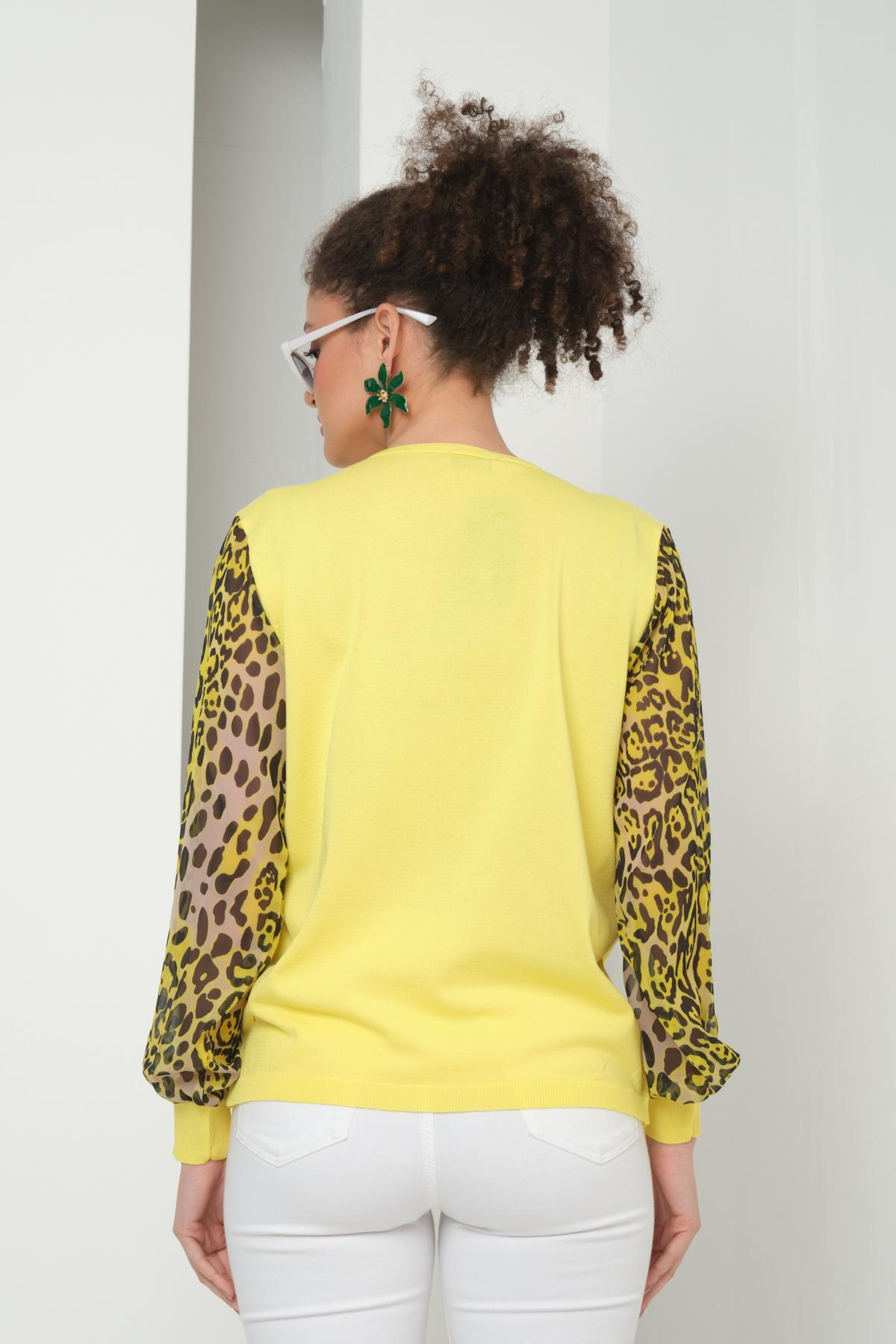 Wholesale Women Yellow V Neck Knit Blouse with Chiffon Sleeves 724779
