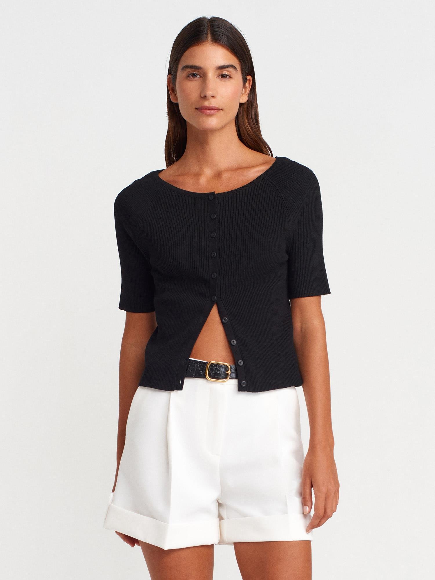 Wholesale Women's Black Ribbed Buttoned Fine Knit Cardigan 0431W26-60970