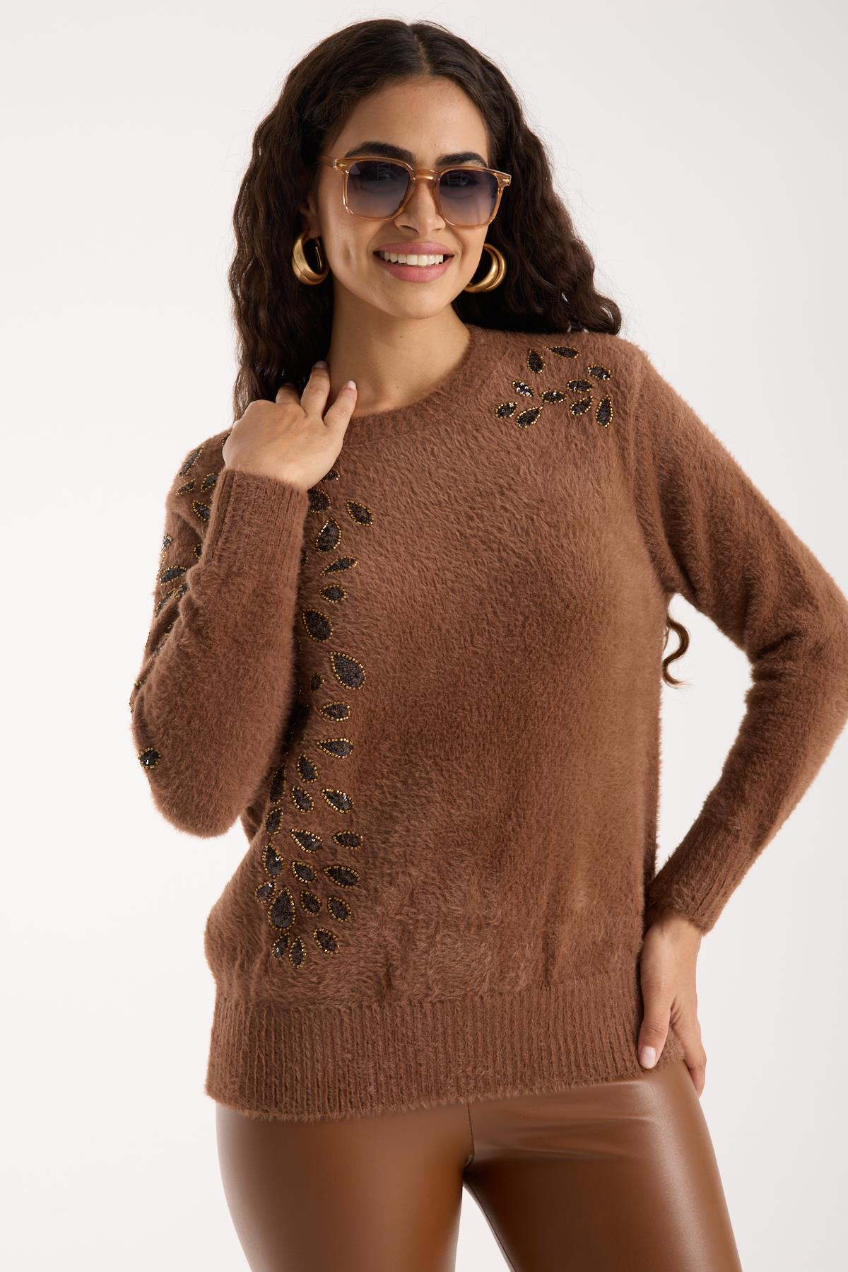 Wholesale Women's Brown Crew-Neck Knit Sweater with Beaded Embroidery 0095W26-11609