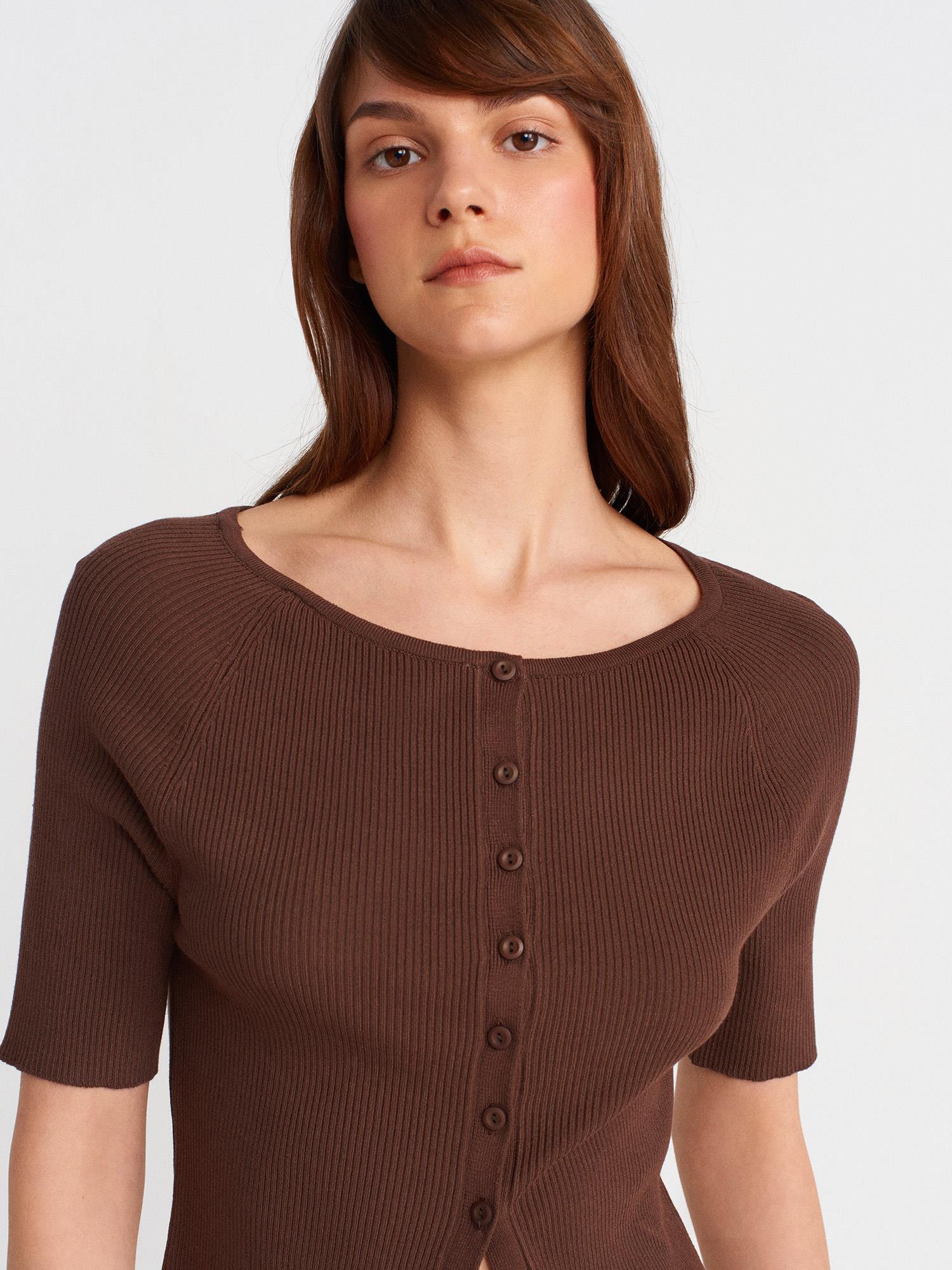 Wholesale Women's Brown Ribbed Buttoned Fine Knit Cardigan 0431W26-60970