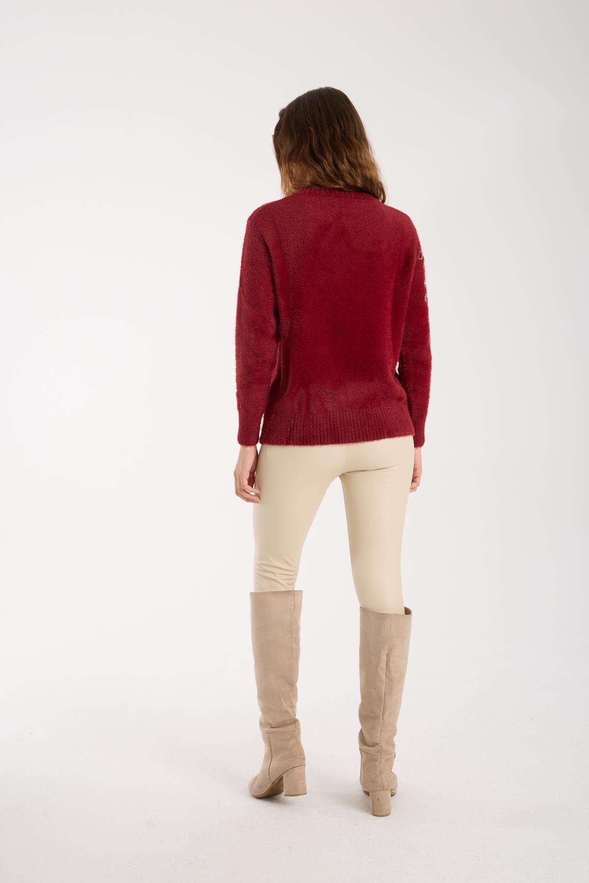 Wholesale Women's Burgundy Crew-Neck Knit Sweater with Beaded Embroidery 0095W26-11609