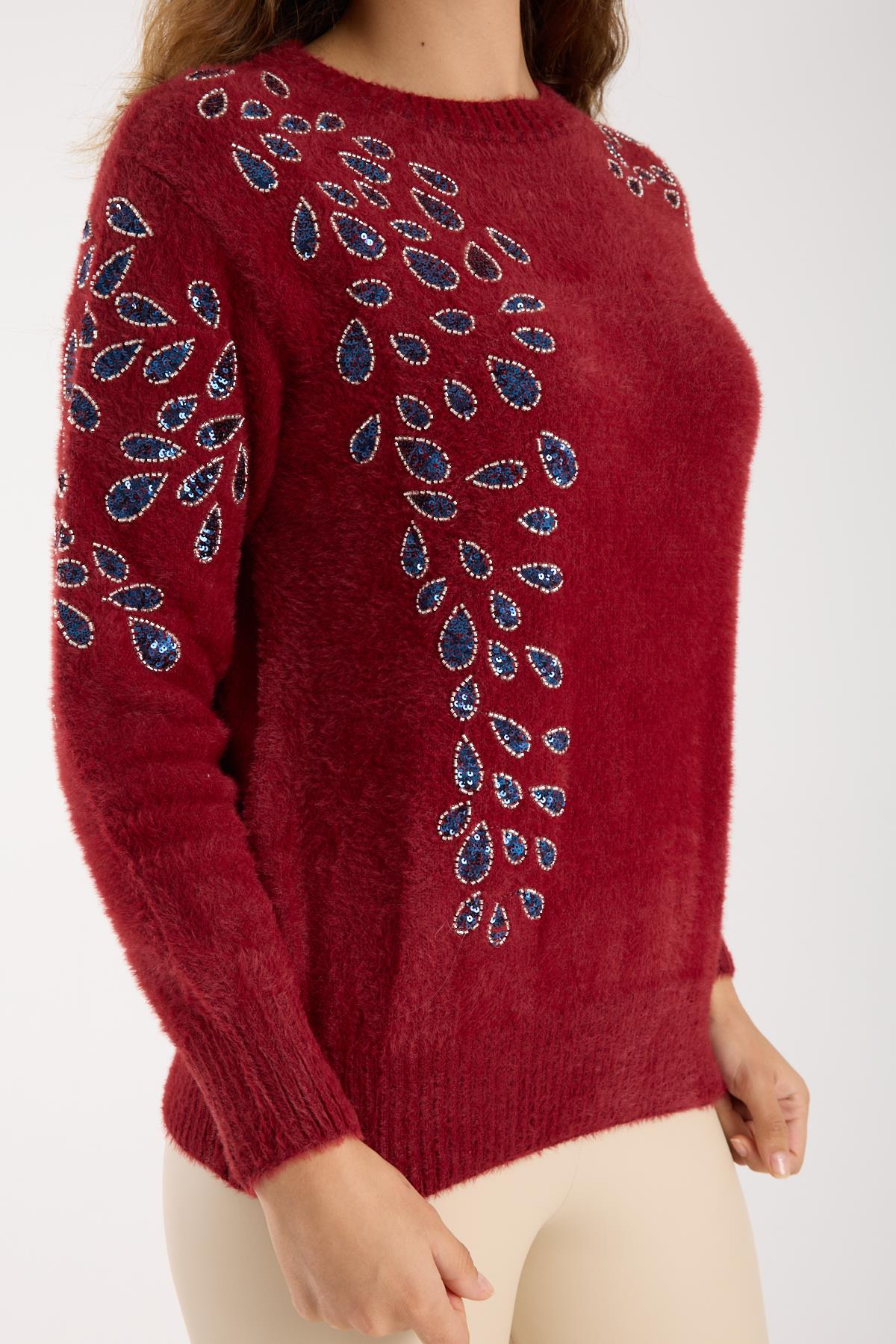 Wholesale Women's Burgundy Crew-Neck Knit Sweater with Beaded Embroidery 0095W26-11609