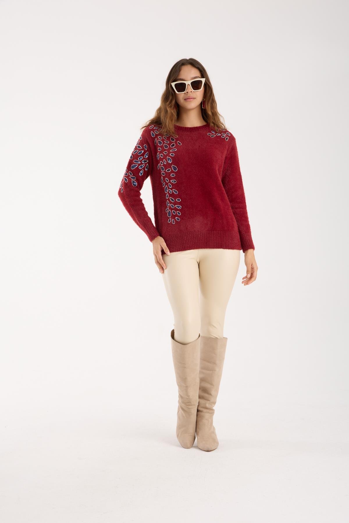 Wholesale Women's Burgundy Crew-Neck Knit Sweater with Beaded Embroidery 0095W26-11609