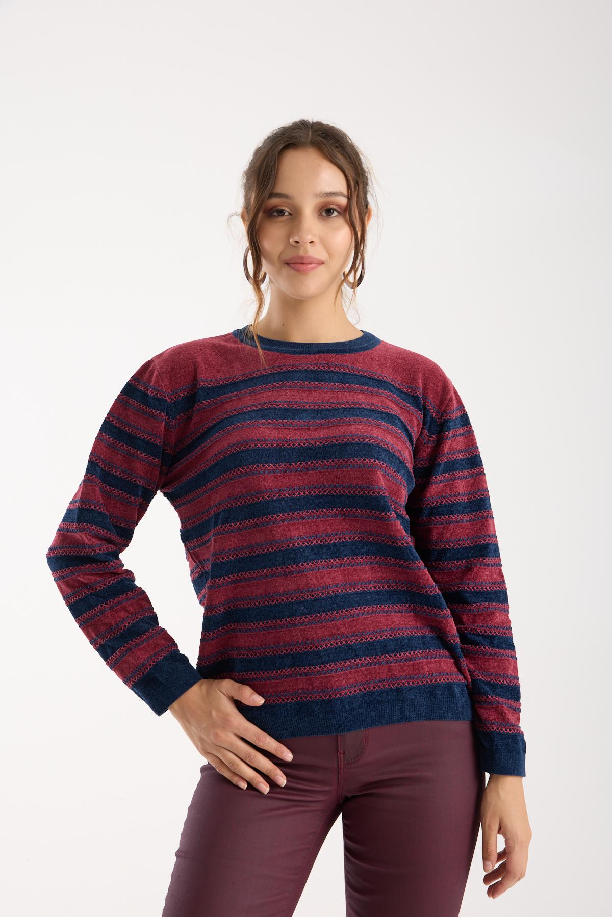 Wholesale Women's Burgundy-Navy Chenille Velvet Striped Crew-Neck Knit Blouse 0095W26-9004