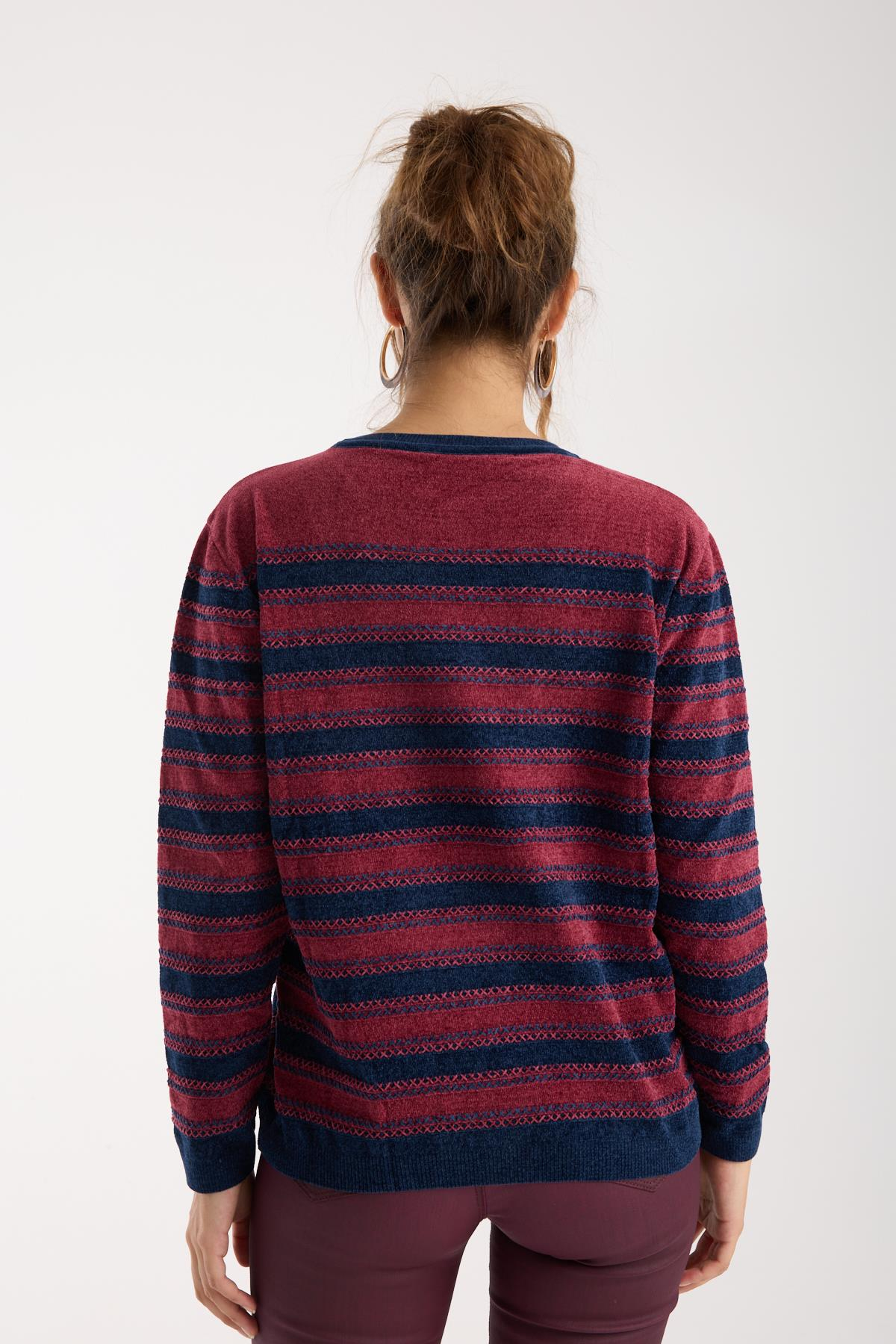 Wholesale Women's Burgundy-Navy Chenille Velvet Striped Crew-Neck Knit Blouse 0095W26-9004