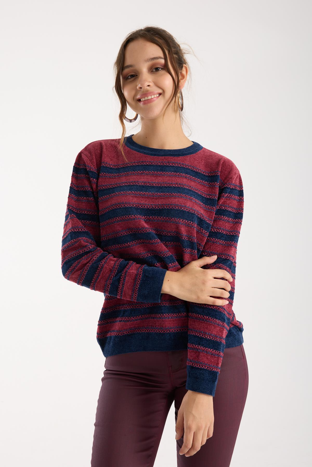 Wholesale Women's Burgundy-Navy Chenille Velvet Striped Crew-Neck Knit Blouse 0095W26-9004