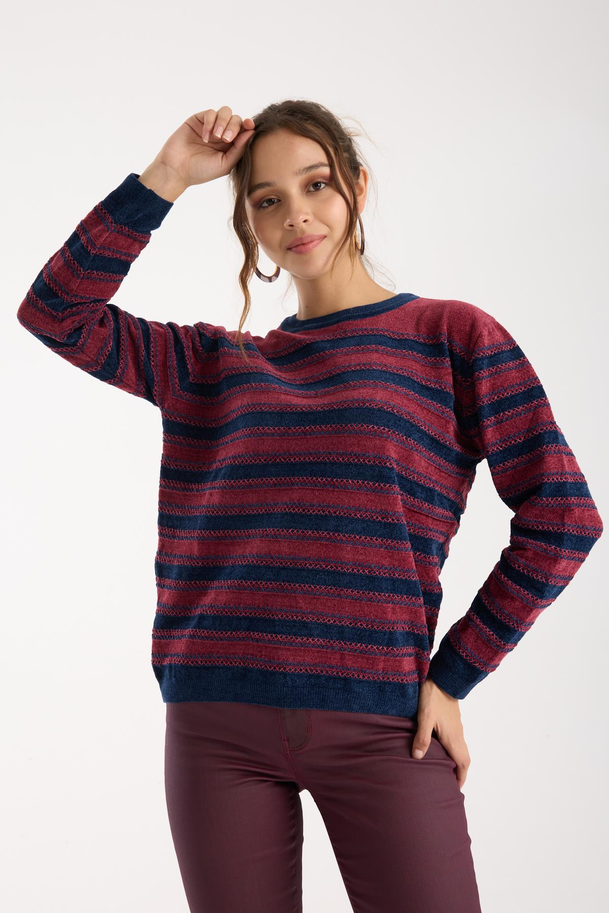 Wholesale Women's Burgundy-Navy Chenille Velvet Striped Crew-Neck Knit Blouse 0095W26-9004