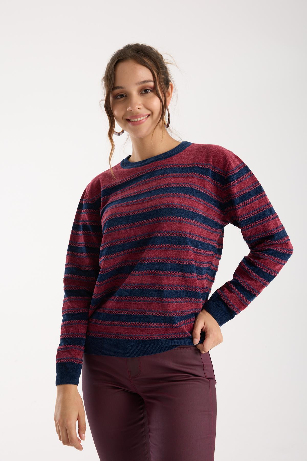 Wholesale Women's Burgundy-Navy Chenille Velvet Striped Crew-Neck Knit Blouse 0095W26-9004