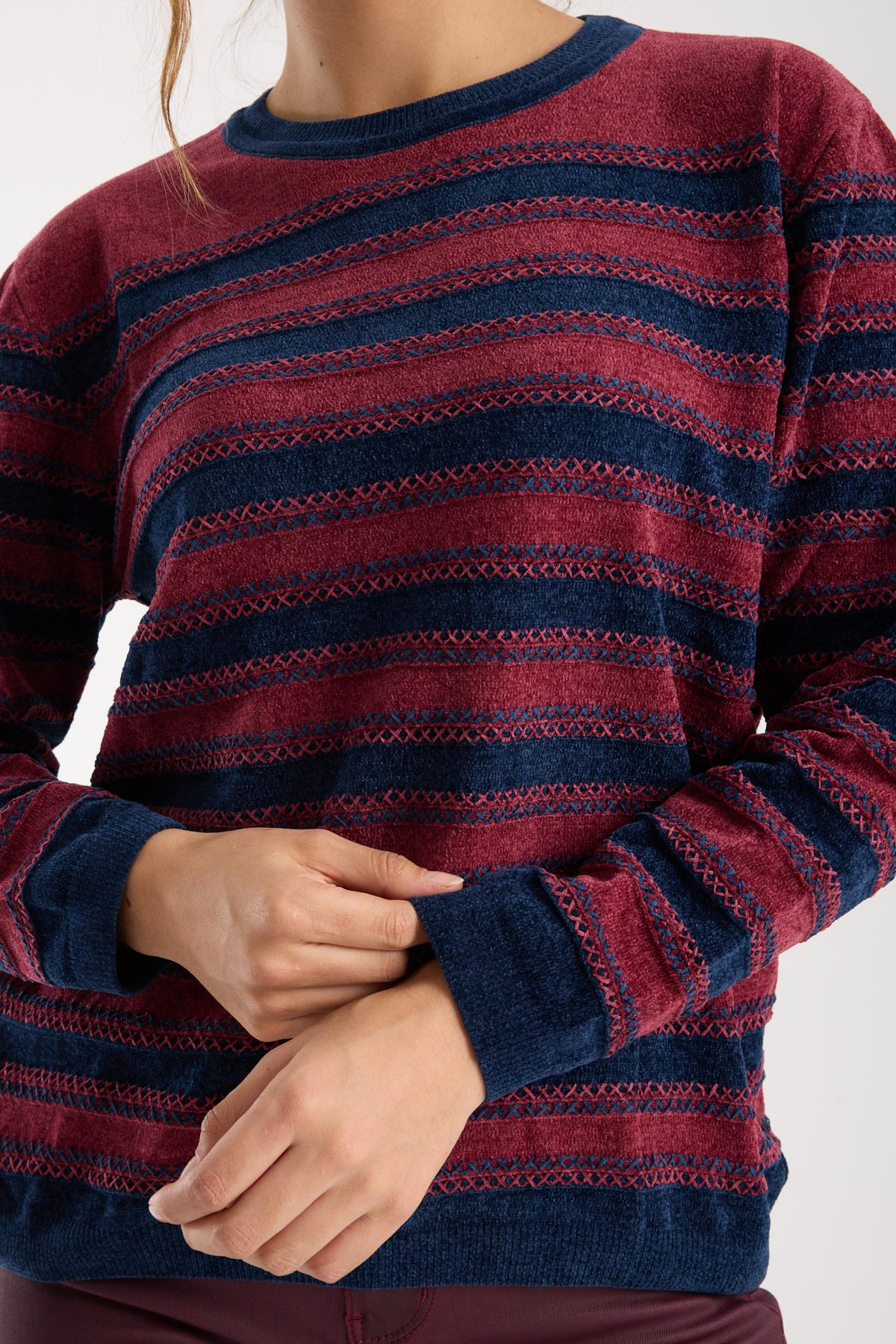 Wholesale Women's Burgundy-Navy Chenille Velvet Striped Crew-Neck Knit Blouse 0095W26-9004