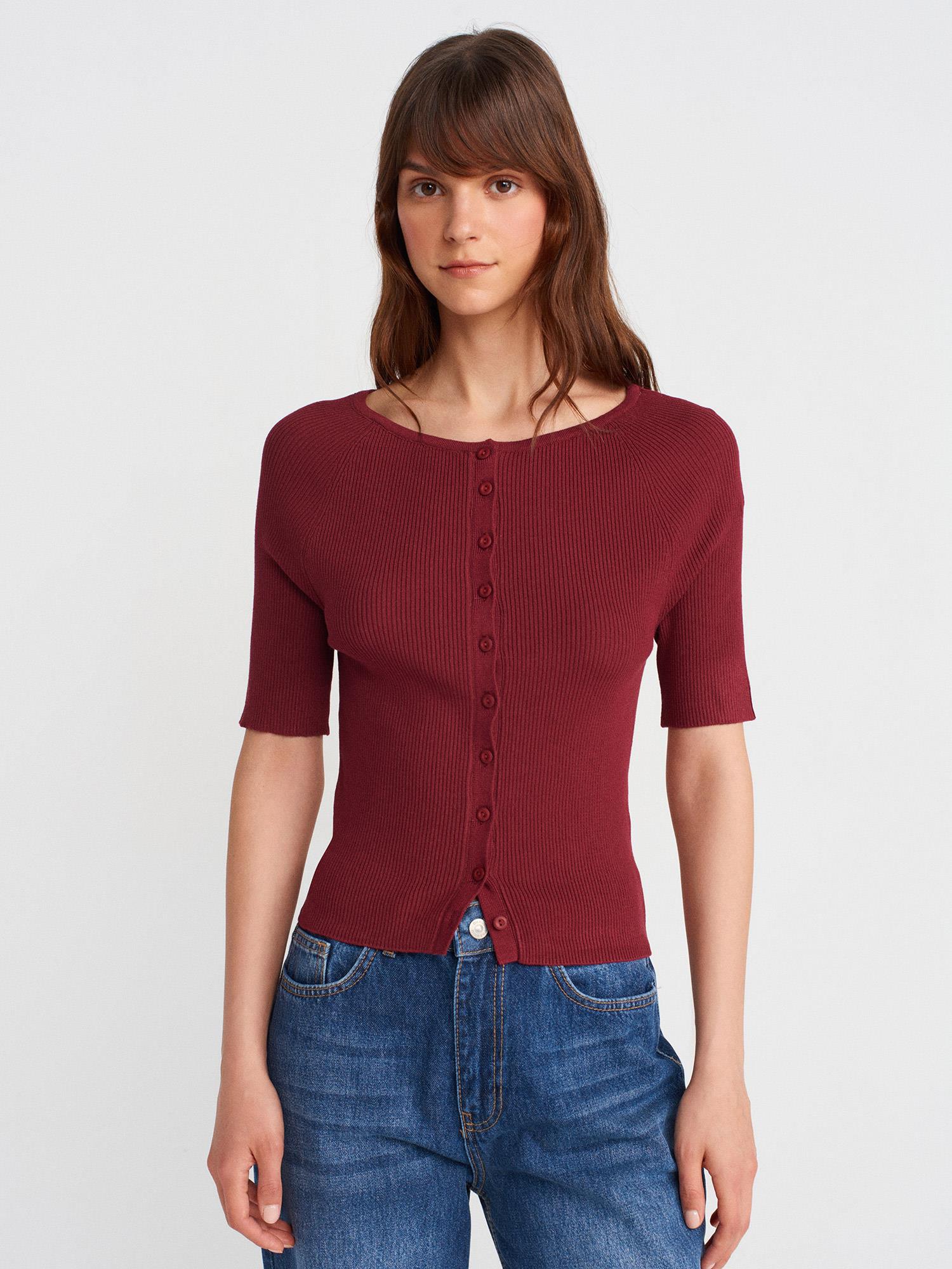 Wholesale Women's Burgundy Ribbed Buttoned Fine Knit Cardigan 0431W26-60970