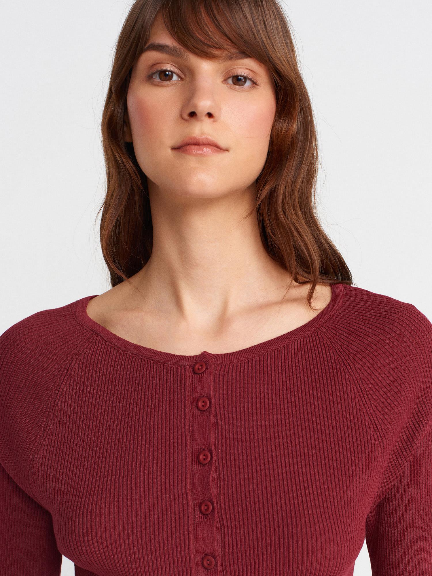Wholesale Women's Burgundy Ribbed Buttoned Fine Knit Cardigan 0431W26-60970