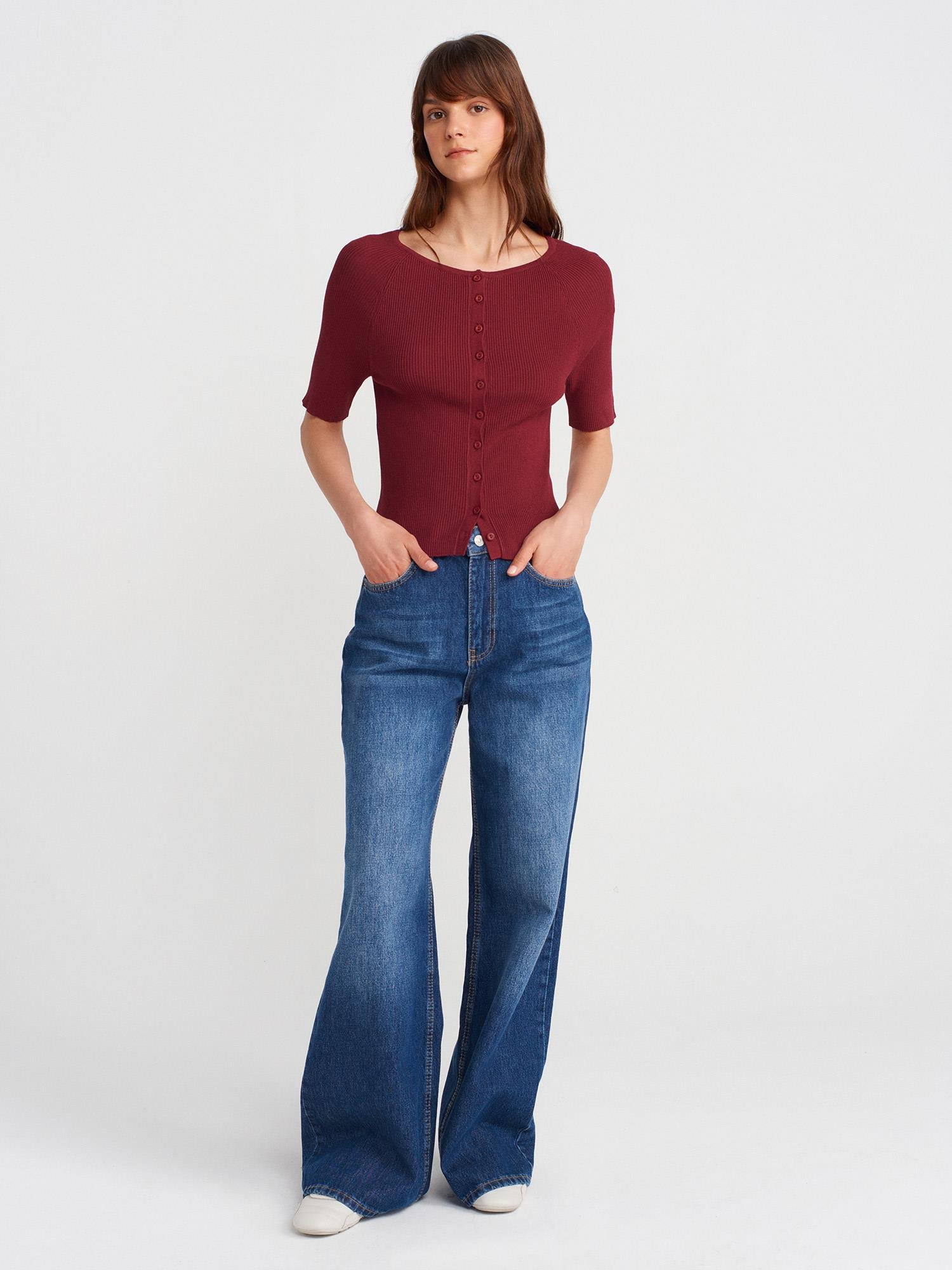 Wholesale Women's Burgundy Ribbed Buttoned Fine Knit Cardigan 0431W26-60970