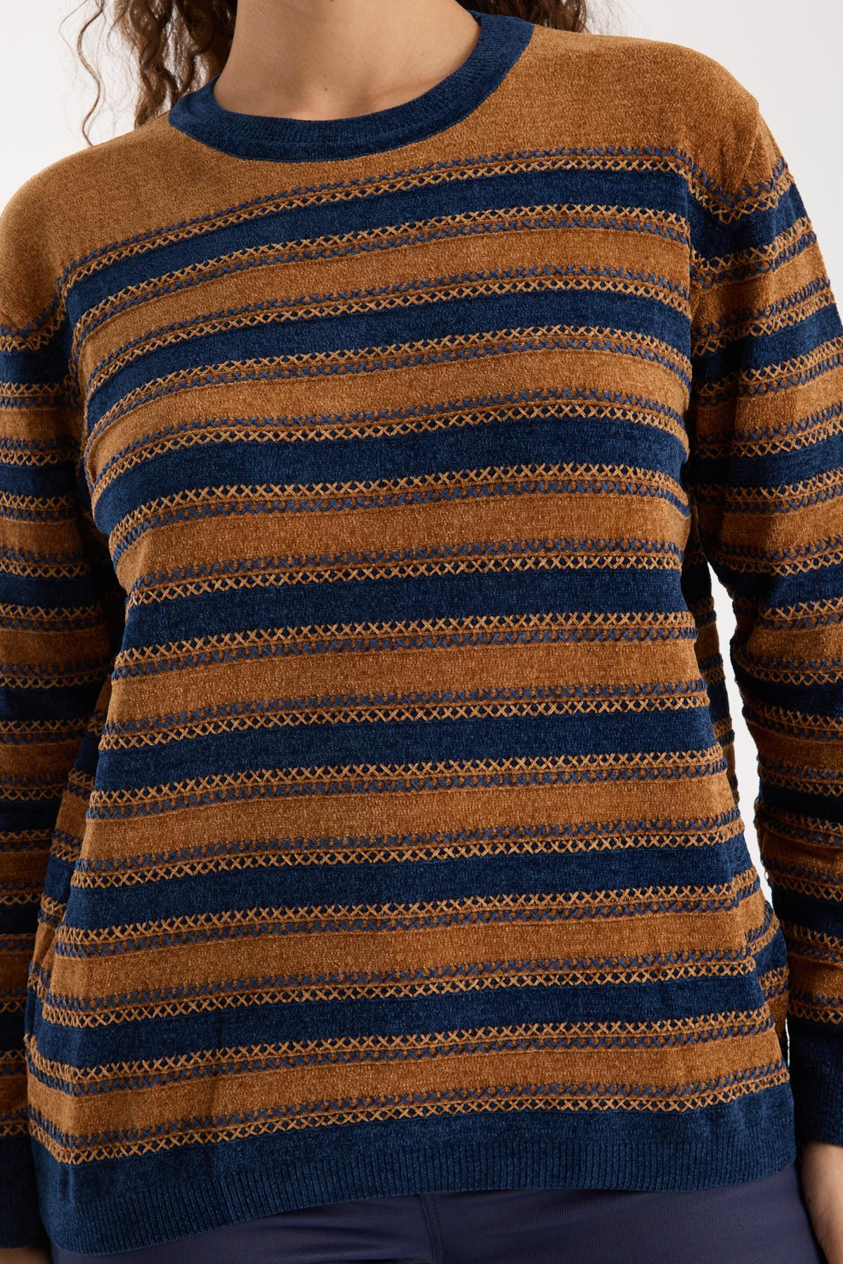 Wholesale Women's Camel-Navy Chenille Velvet Striped Crew-Neck Knit Blouse 0095W26-9004
