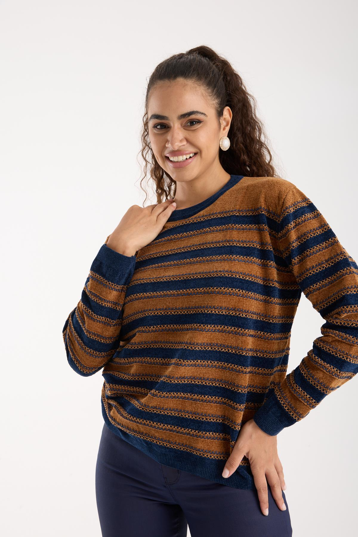 Wholesale Women's Camel-Navy Chenille Velvet Striped Crew-Neck Knit Blouse 0095W26-9004