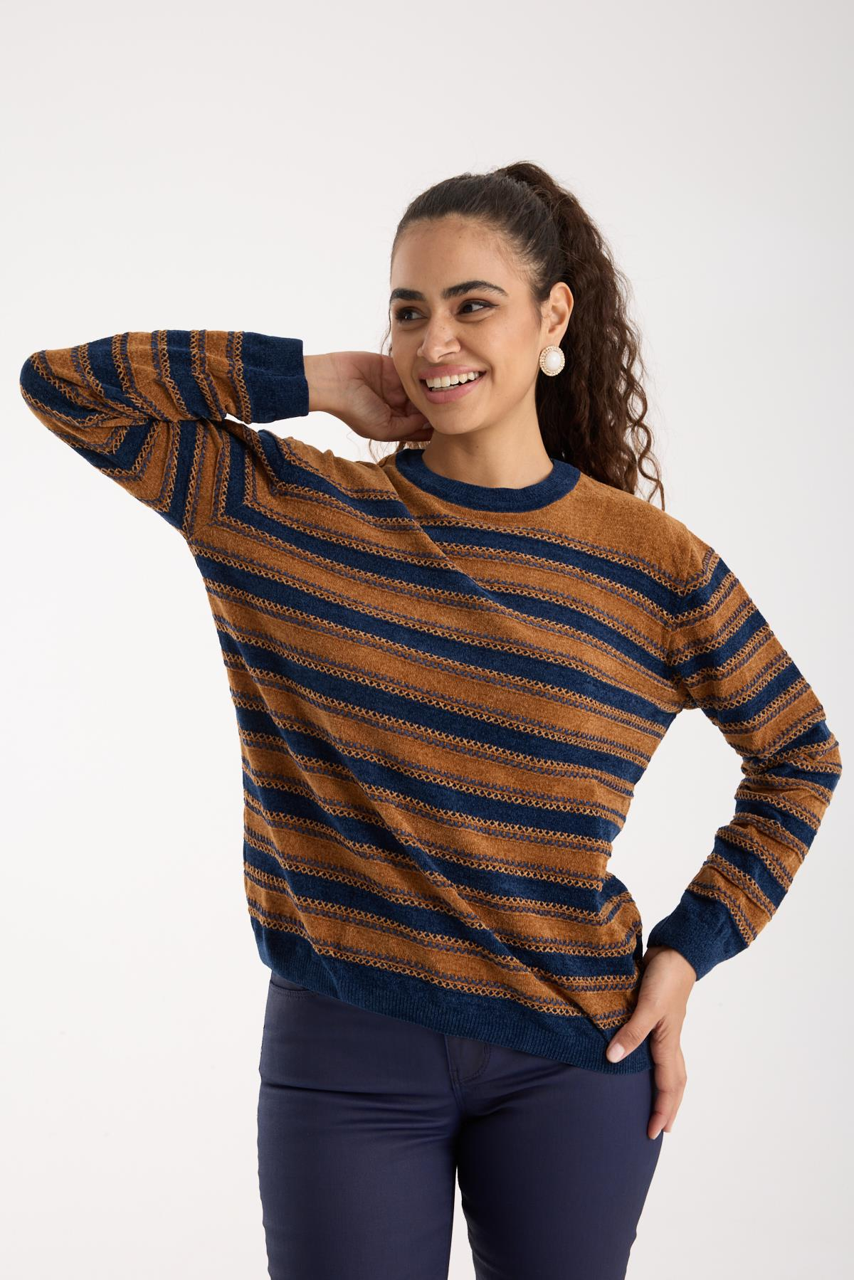Wholesale Women's Camel-Navy Chenille Velvet Striped Crew-Neck Knit Blouse 0095W26-9004