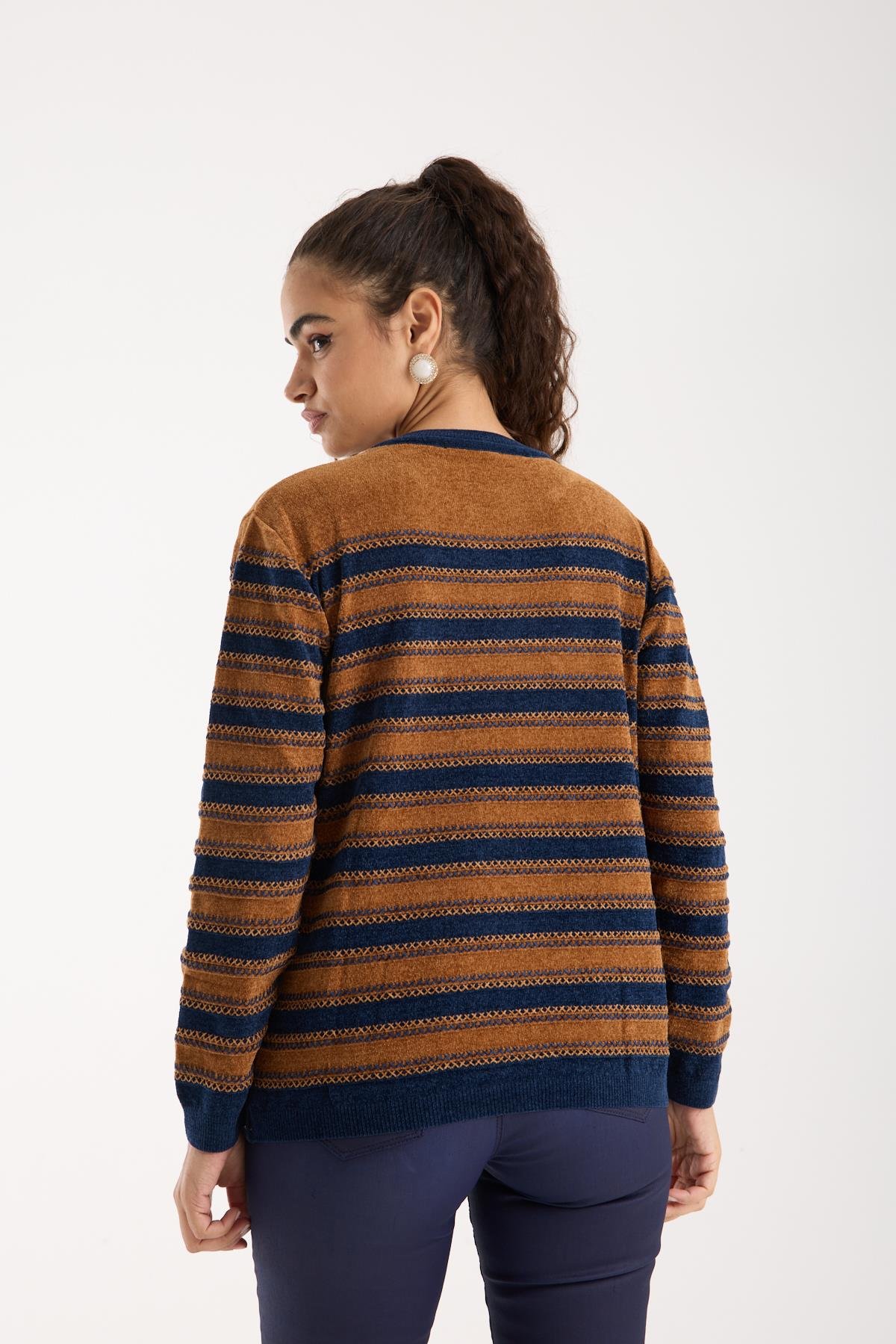 Wholesale Women's Camel-Navy Chenille Velvet Striped Crew-Neck Knit Blouse 0095W26-9004