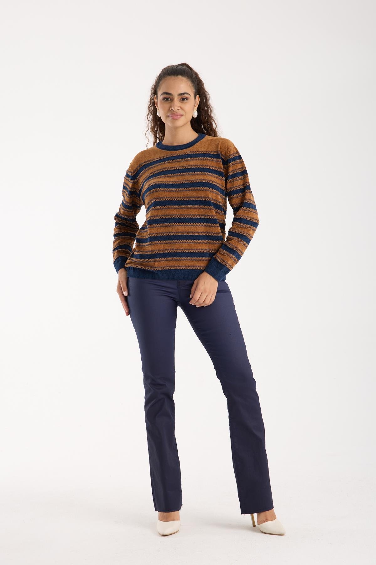 Wholesale Women's Camel-Navy Chenille Velvet Striped Crew-Neck Knit Blouse 0095W26-9004