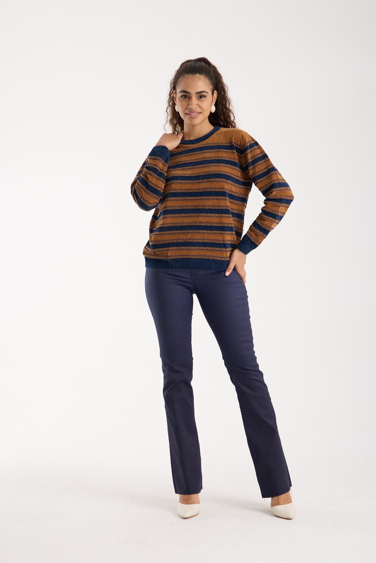 Wholesale Women's Camel-Navy Chenille Velvet Striped Crew-Neck Knit Blouse 0095W26-9004