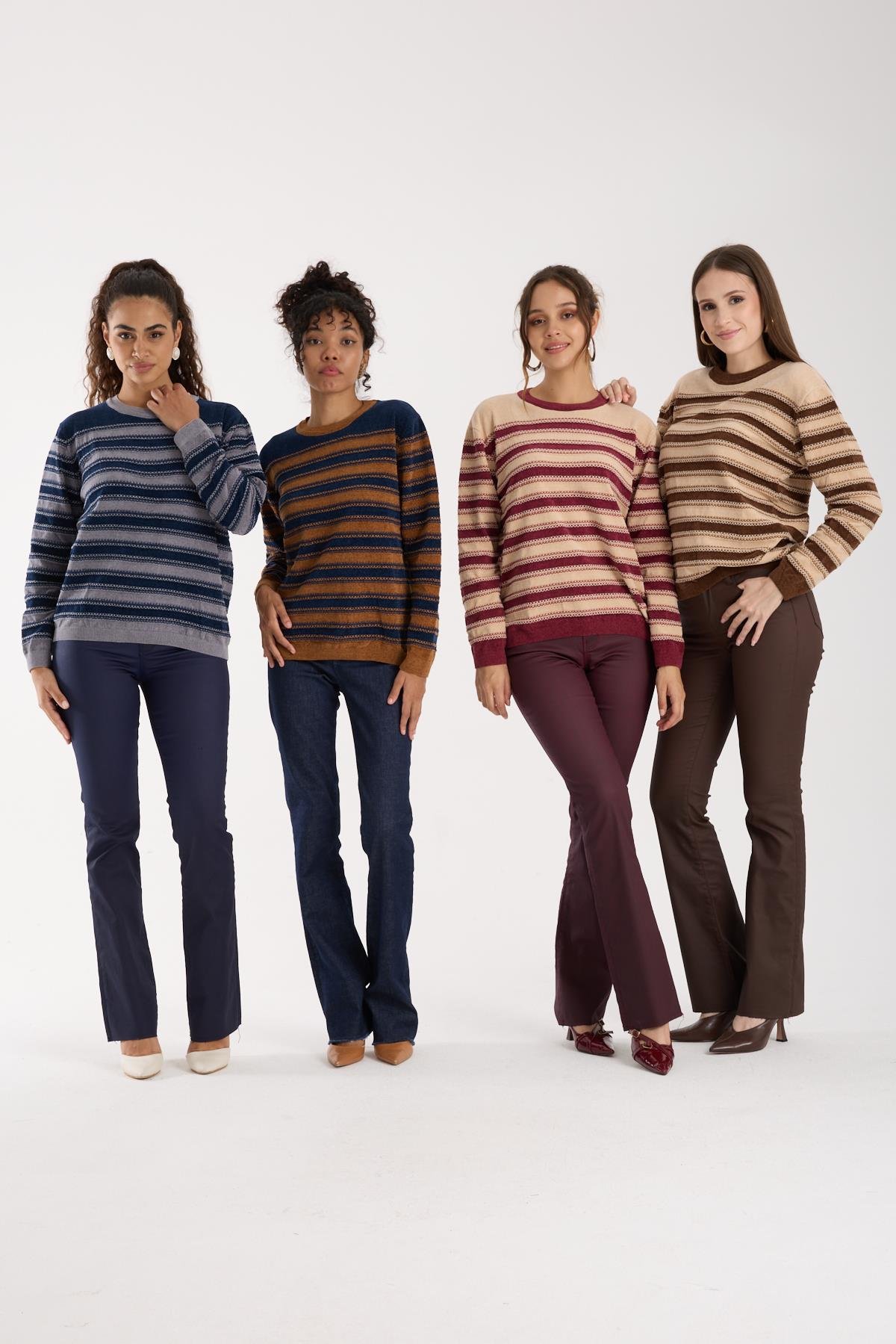 Wholesale Women's Cream-Brown Chenille Velvet Striped Crew-Neck Knit Blouse 0095W26-9004