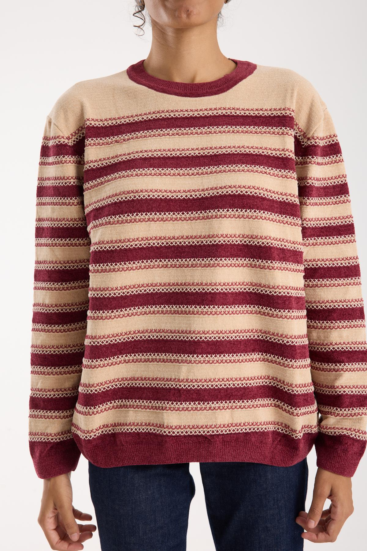 Wholesale Women's Cream-Burgundy Chenille Velvet Striped Crew-Neck Knit Blouse 0095W26-9004