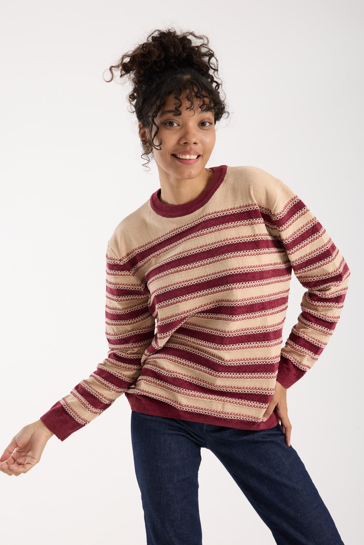 Wholesale Women's Cream-Burgundy Chenille Velvet Striped Crew-Neck Knit Blouse 0095W26-9004