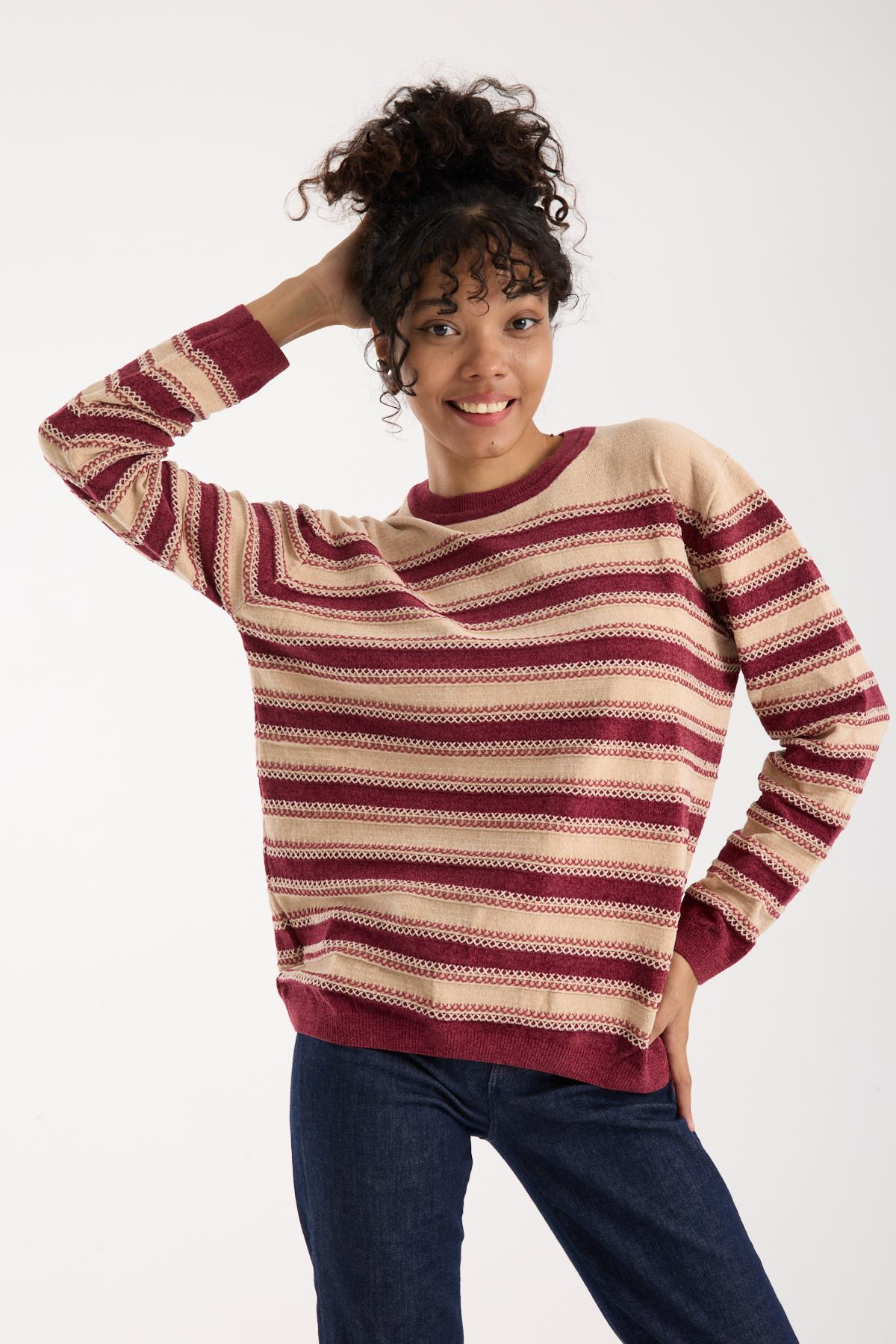 Wholesale Women's Cream-Burgundy Chenille Velvet Striped Crew-Neck Knit Blouse 0095W26-9004