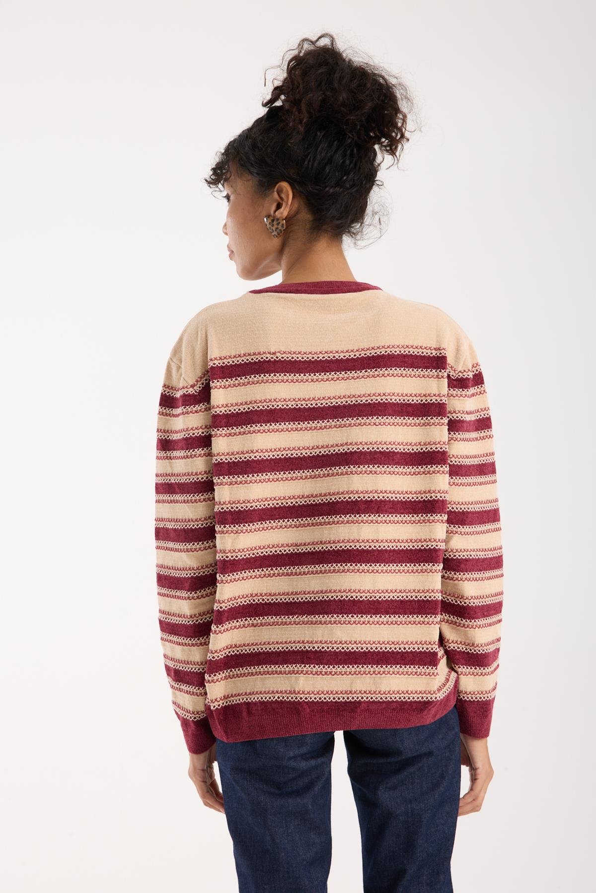 Wholesale Women's Cream-Burgundy Chenille Velvet Striped Crew-Neck Knit Blouse 0095W26-9004