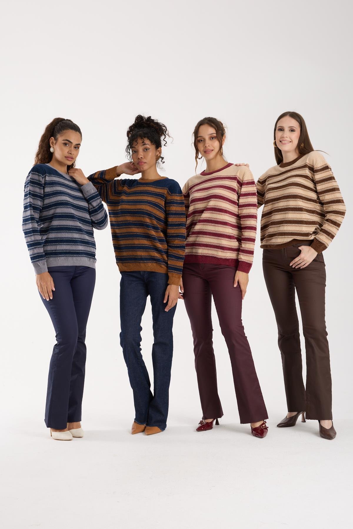 Wholesale Women's Cream-Burgundy Chenille Velvet Striped Crew-Neck Knit Blouse 0095W26-9004