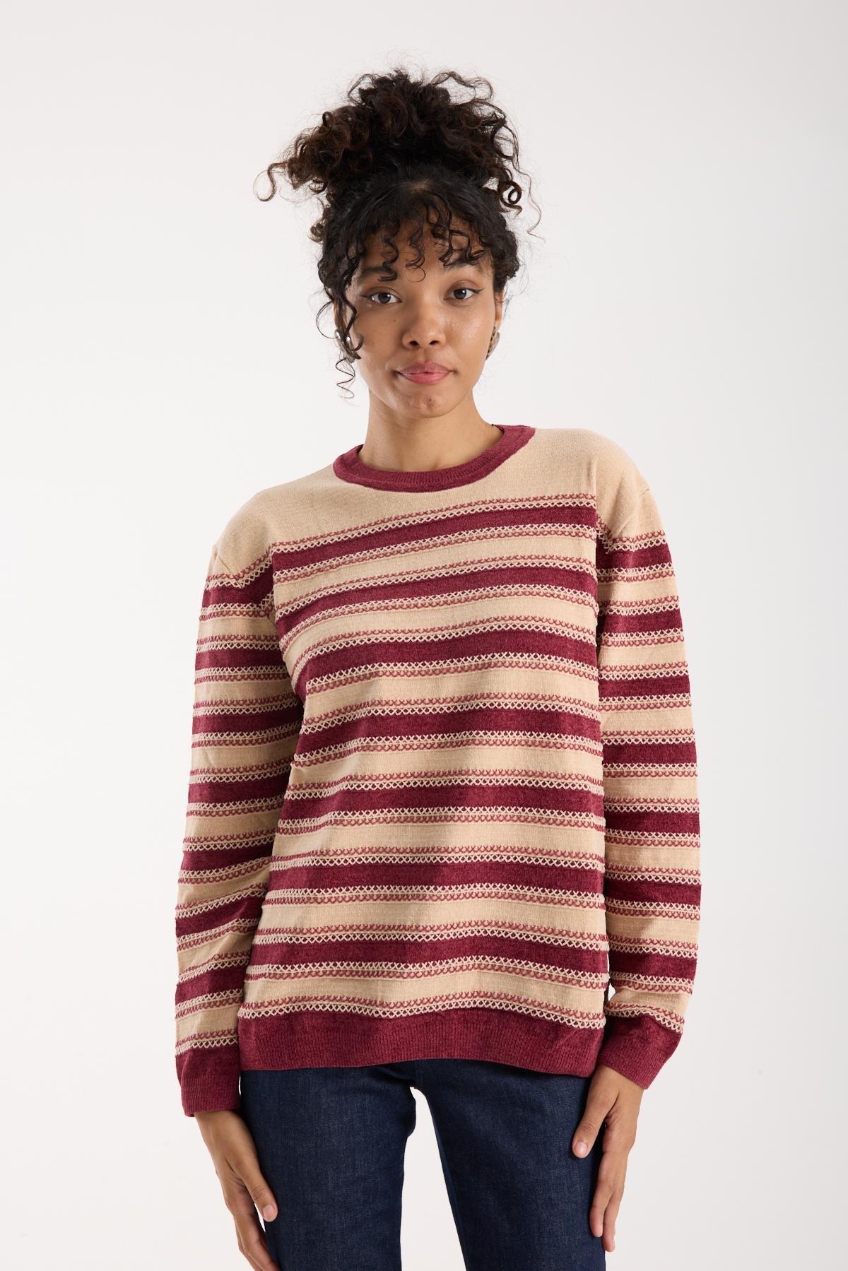 Wholesale Women's Cream-Burgundy Chenille Velvet Striped Crew-Neck Knit Blouse 0095W26-9004