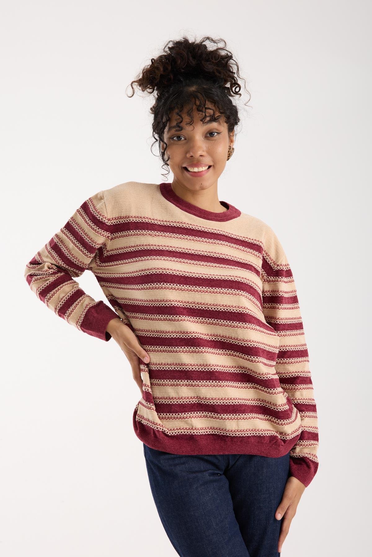 Wholesale Women's Cream-Burgundy Chenille Velvet Striped Crew-Neck Knit Blouse 0095W26-9004