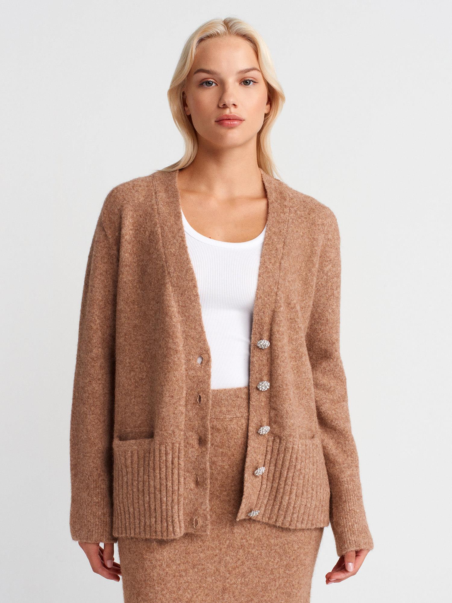 Wholesale Women's Dark Beige Soft Texture Knit Cardigan with Rhinestone Buttons and Pockets 0431W26-60269