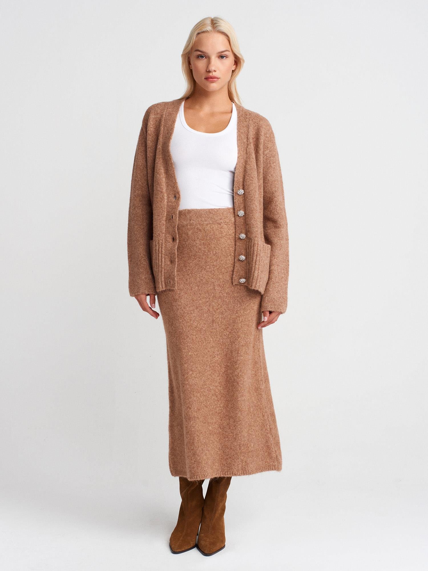 Wholesale Women's Dark Beige Soft Texture Knit Cardigan with Rhinestone Buttons and Pockets 0431W26-60269