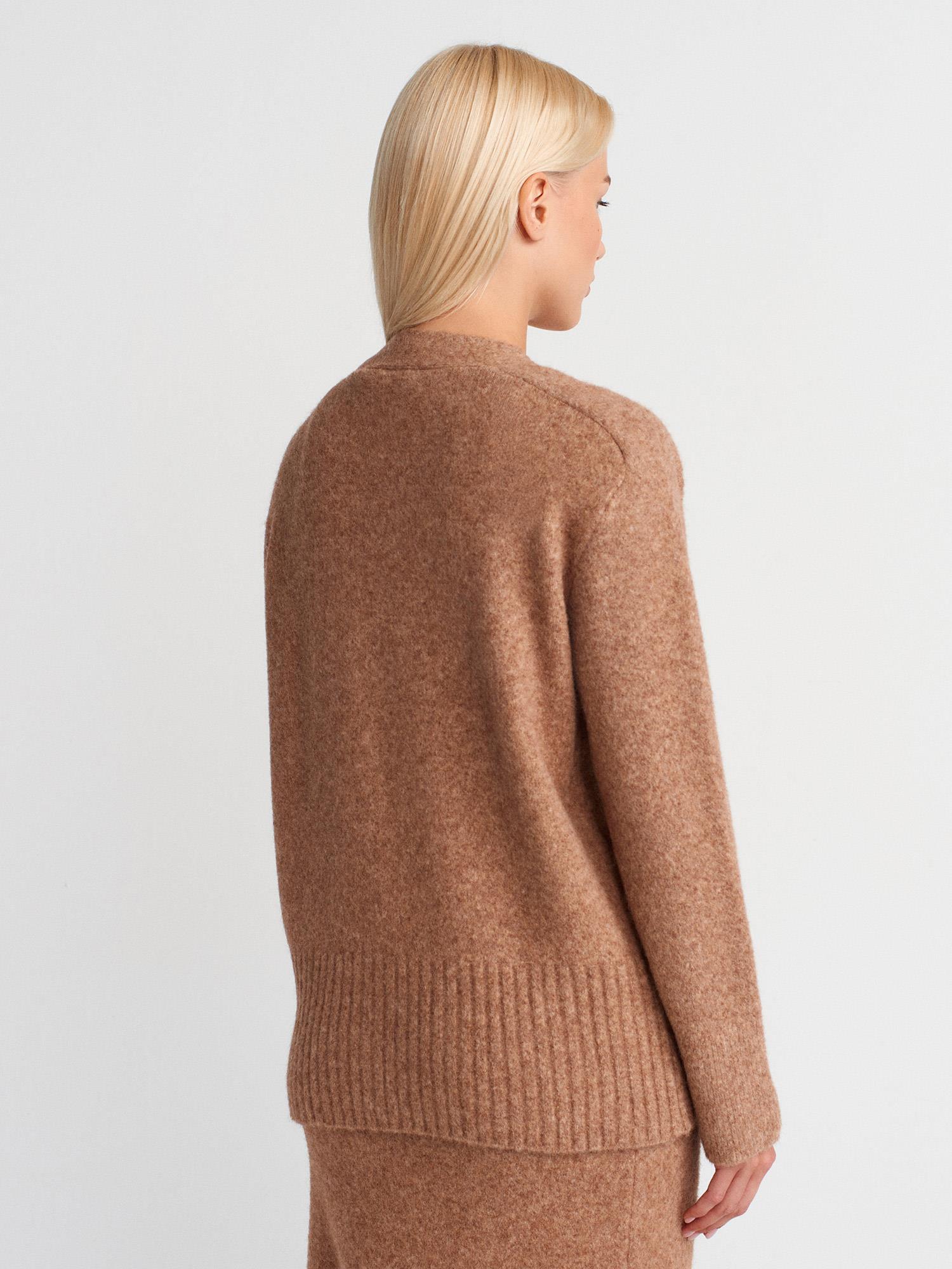 Wholesale Women's Dark Beige Soft Texture Knit Cardigan with Rhinestone Buttons and Pockets 0431W26-60269