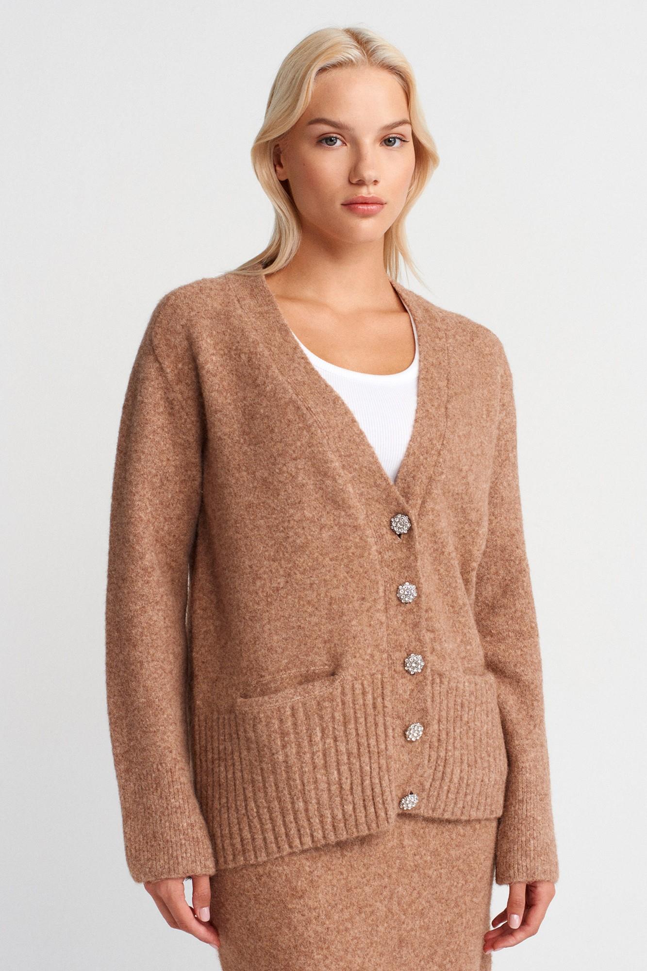 Wholesale Women's Dark Beige Soft Texture Knit Cardigan with Rhinestone Buttons and Pockets 0431W26-60269