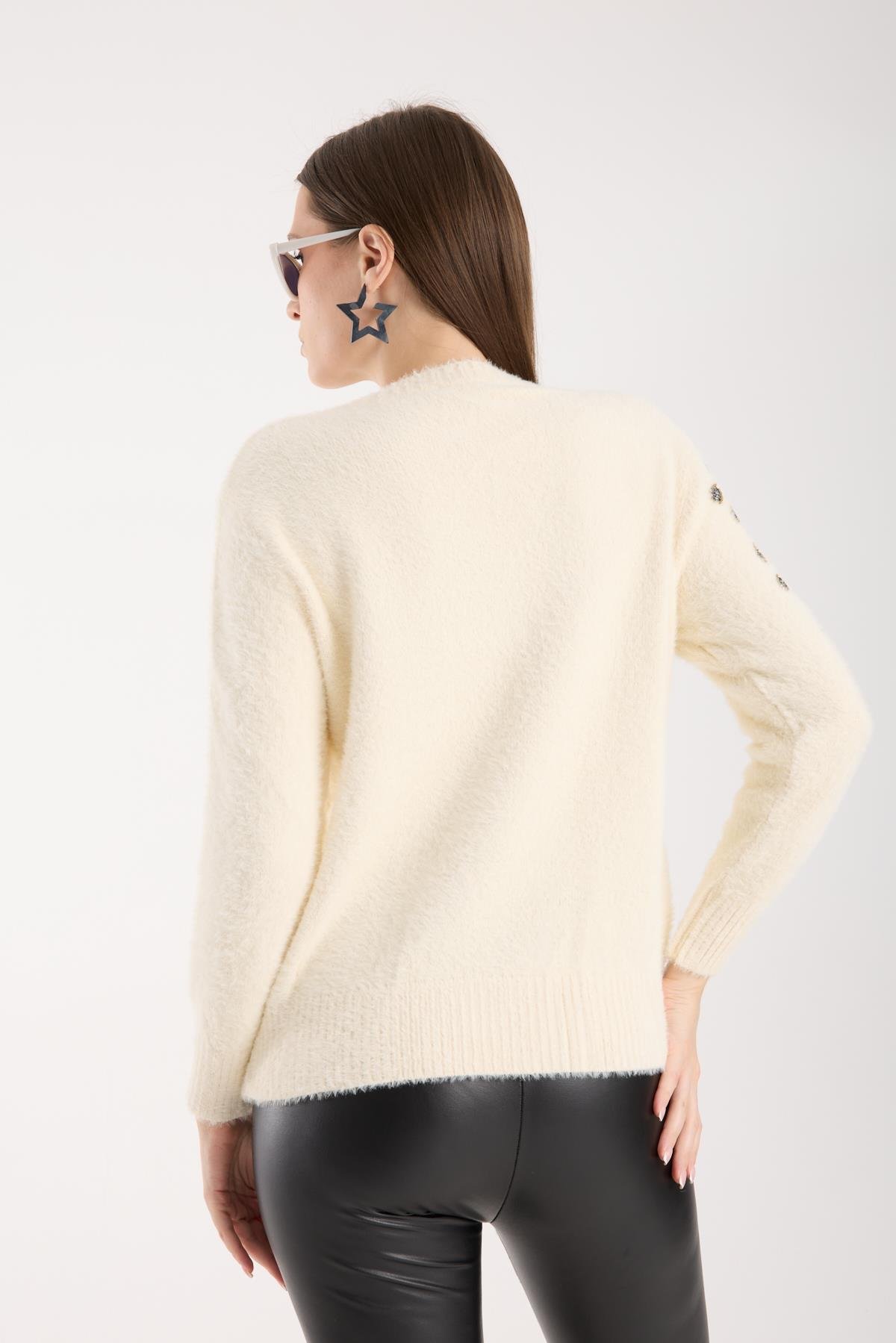 Wholesale Women's Ecru Crew-Neck Knit Sweater with Beaded Embroidery 0095W26-11609