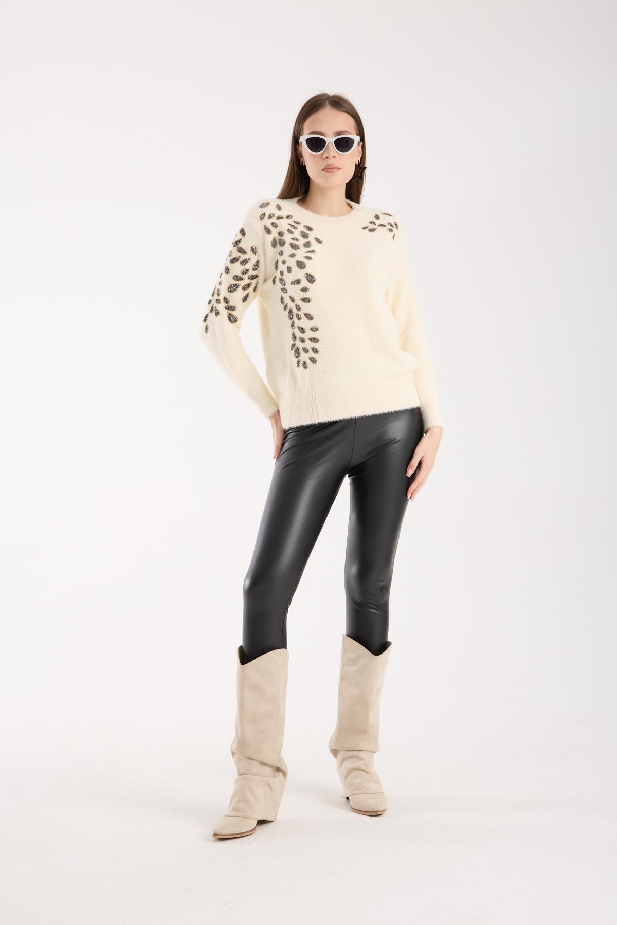 Wholesale Women's Ecru Crew-Neck Knit Sweater with Beaded Embroidery 0095W26-11609