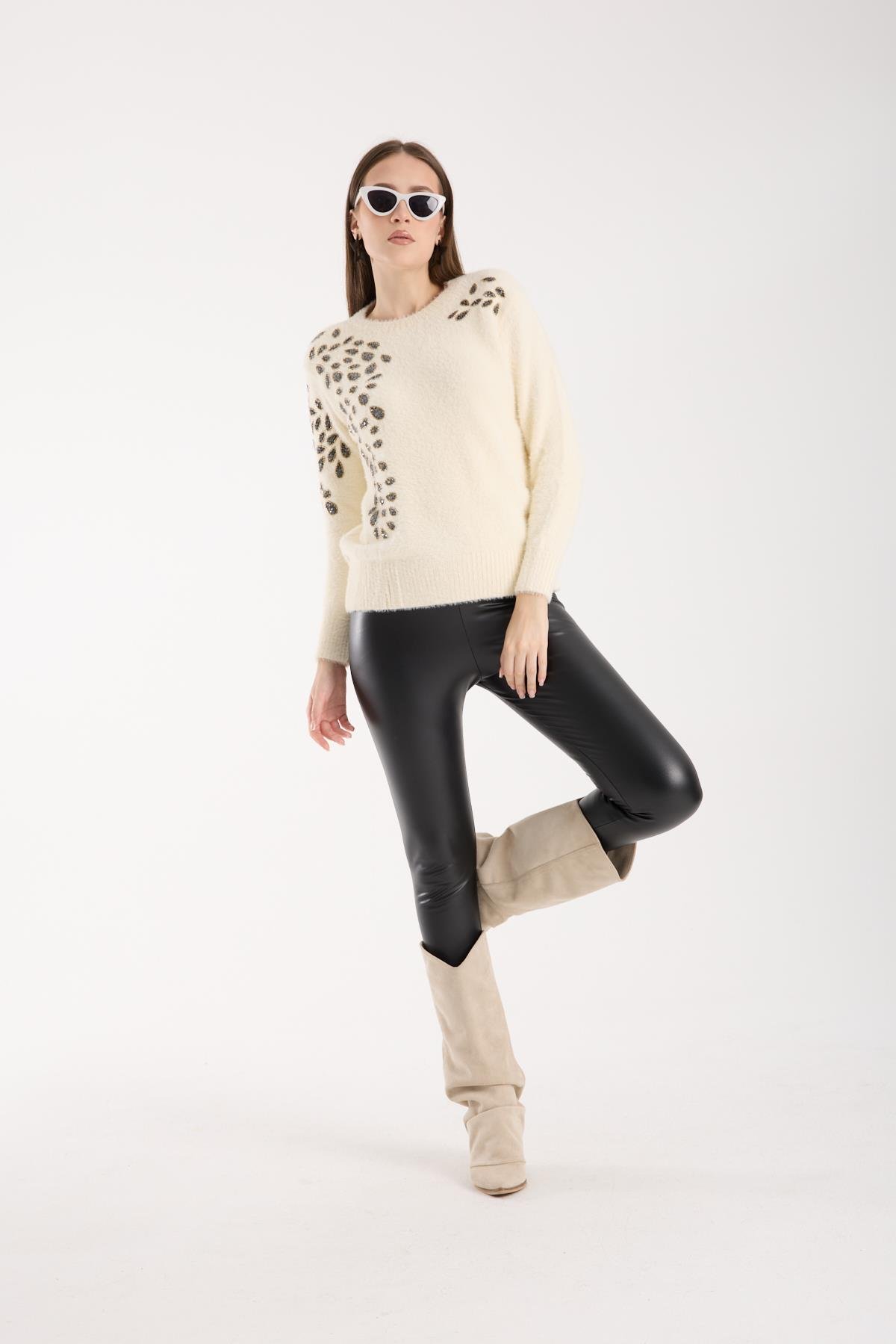 Wholesale Women's Ecru Crew-Neck Knit Sweater with Beaded Embroidery 0095W26-11609