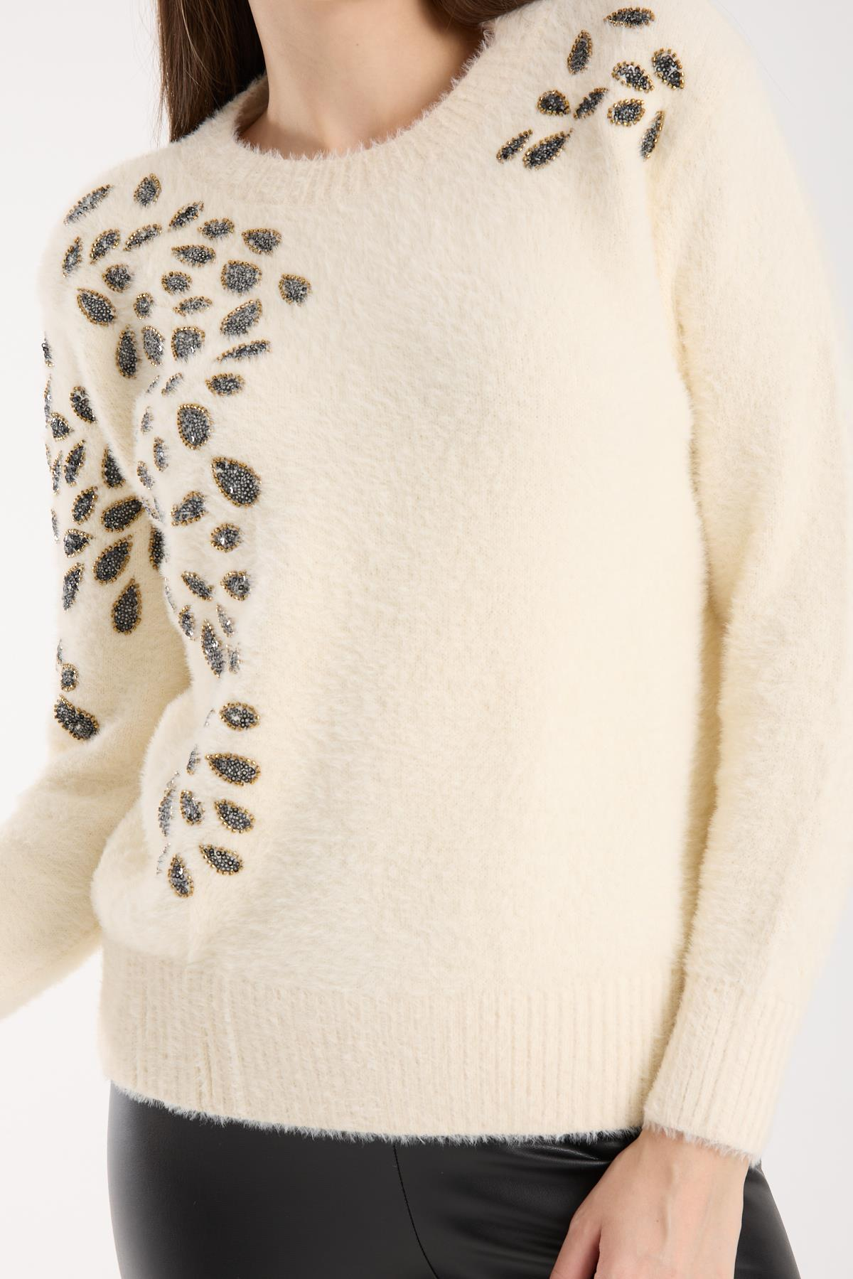 Wholesale Women's Ecru Crew-Neck Knit Sweater with Beaded Embroidery 0095W26-11609