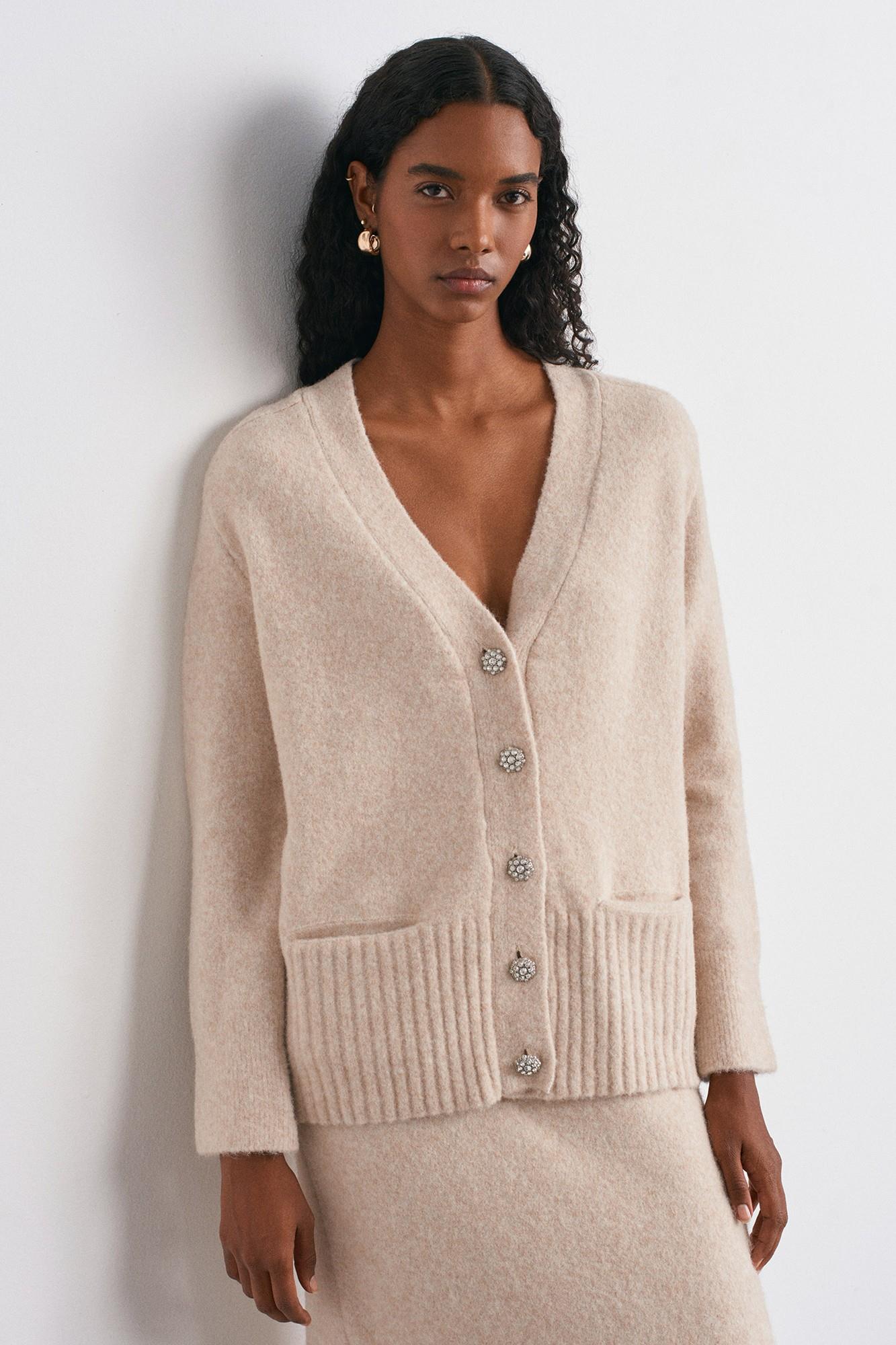 Wholesale Women's Light Beige Soft Texture Knit Cardigan with Rhinestone Buttons and Pockets 0431W26-60269