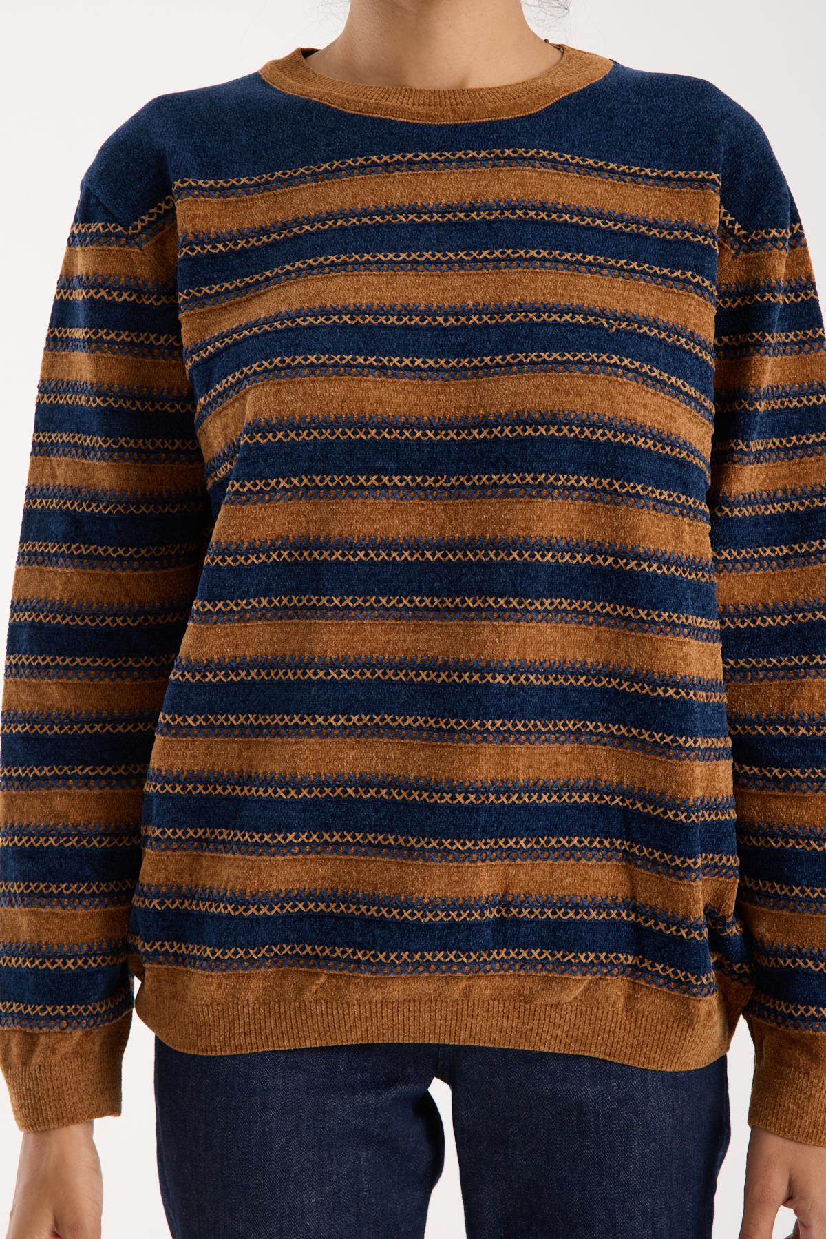 Wholesale Women's Navy-Camel Chenille Velvet Striped Crew-Neck Knit Blouse 0095W26-9004